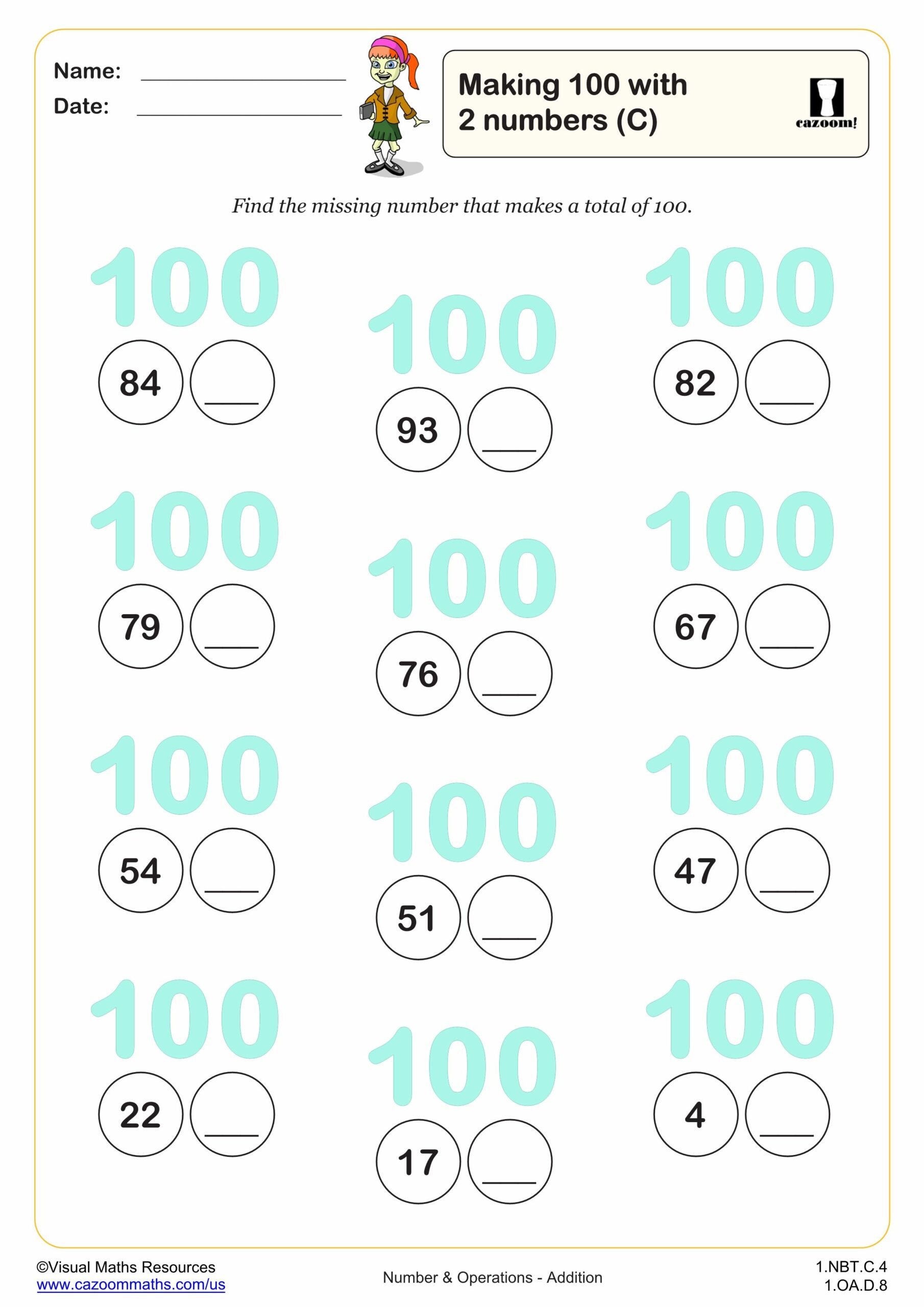 Making 100 With 2 Numbers C Worksheet Scaled