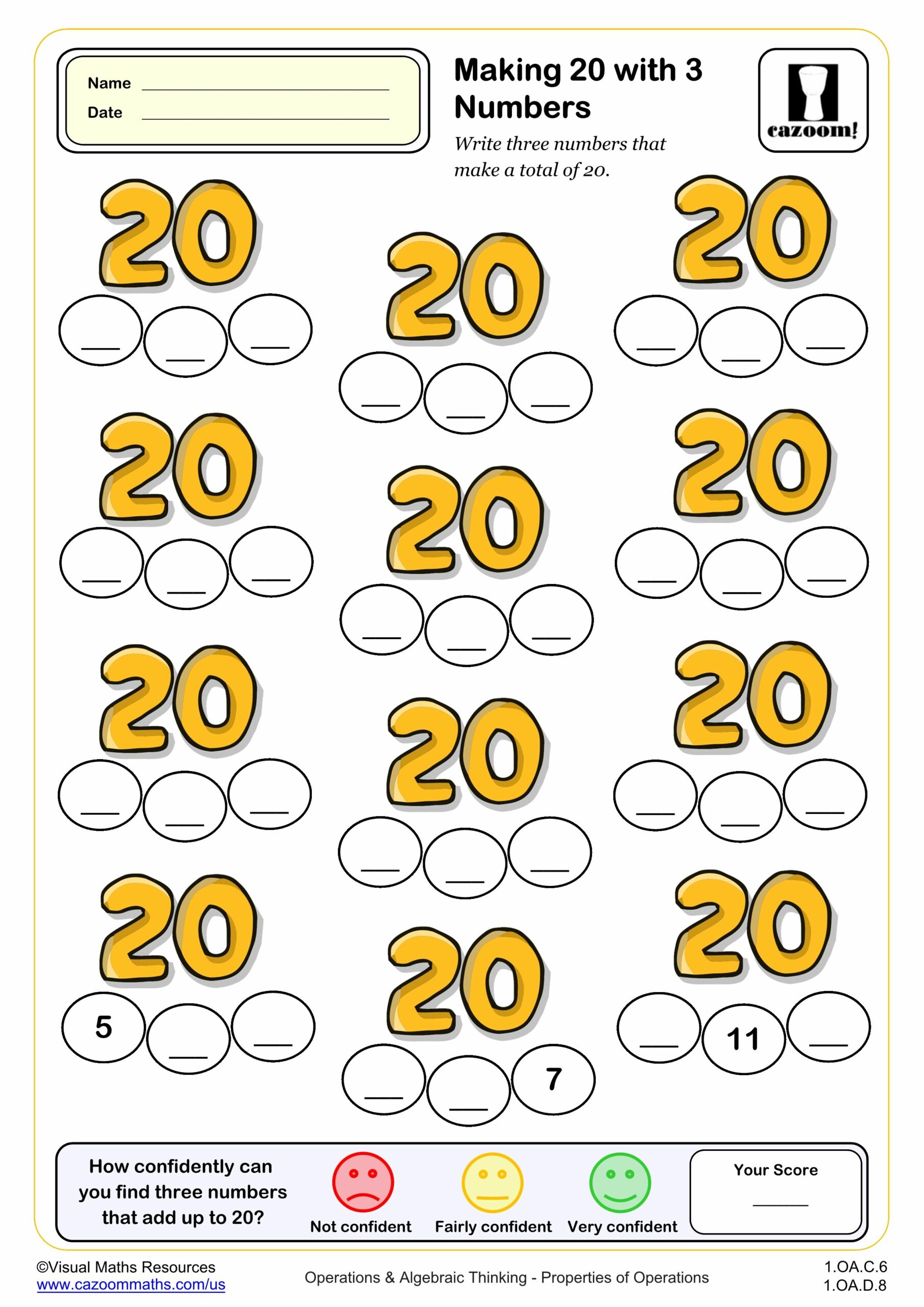 Preview of Making 20 with three numbers (Blanks)