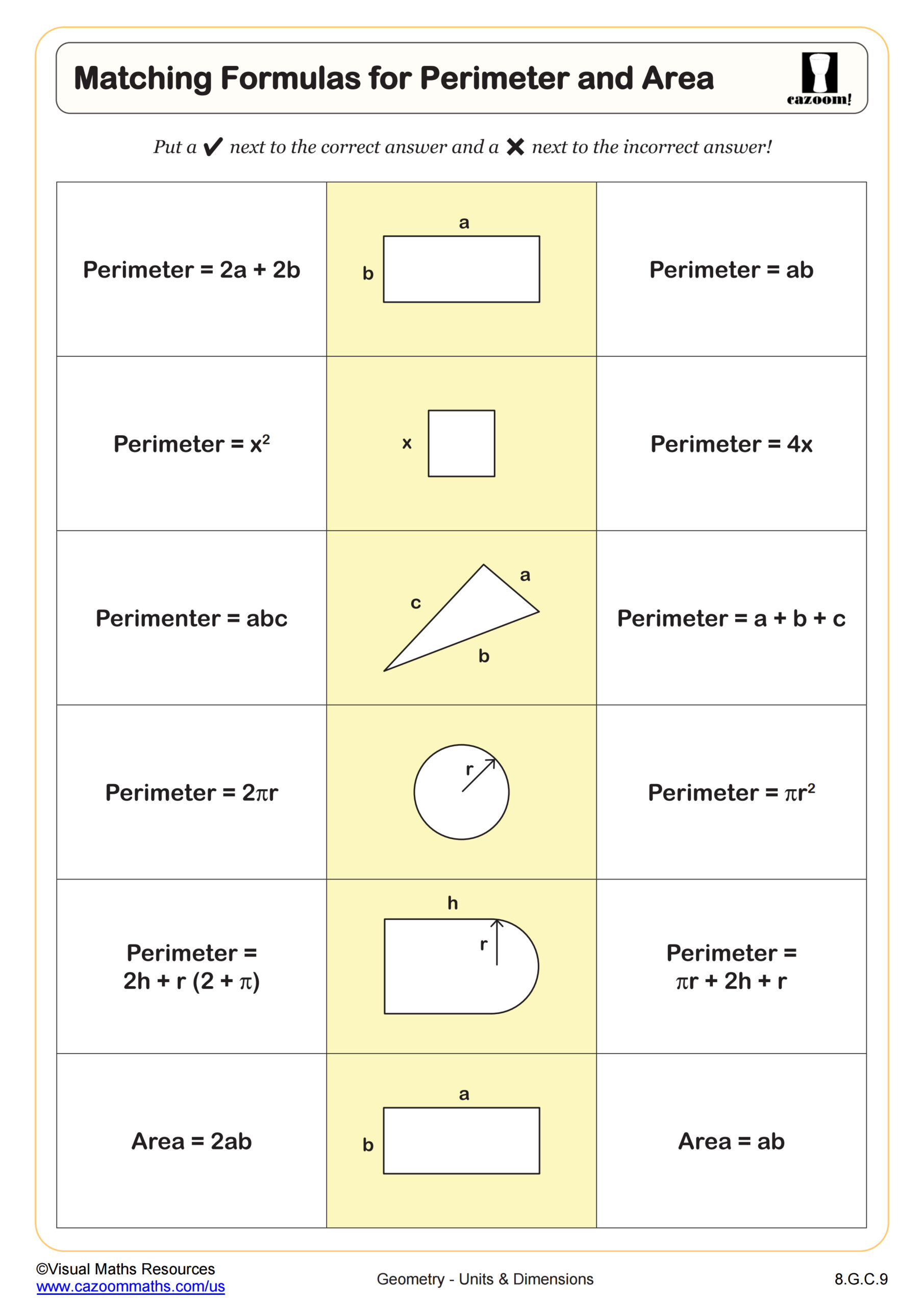 Preview of Matching Formulas for Perimeter and Area