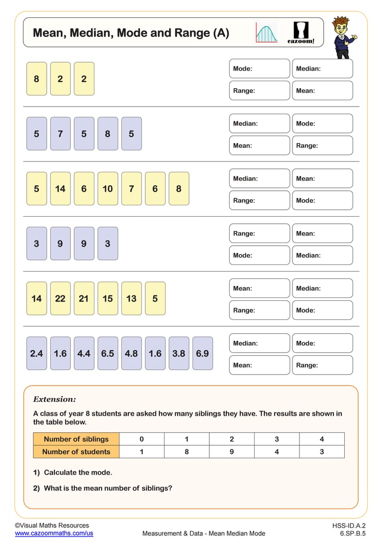 Mean, Median, Mode, and Range (A) Worksheet | PDF Printable Measurement ...