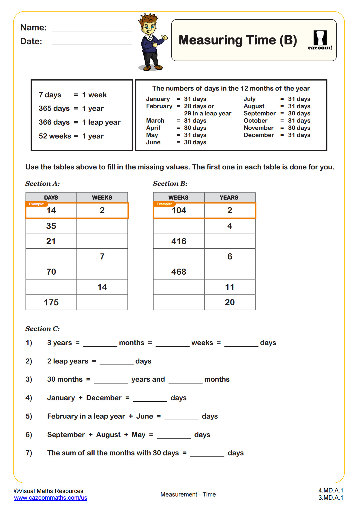 Units of Time (B) | PDF printable Measurement Worksheets