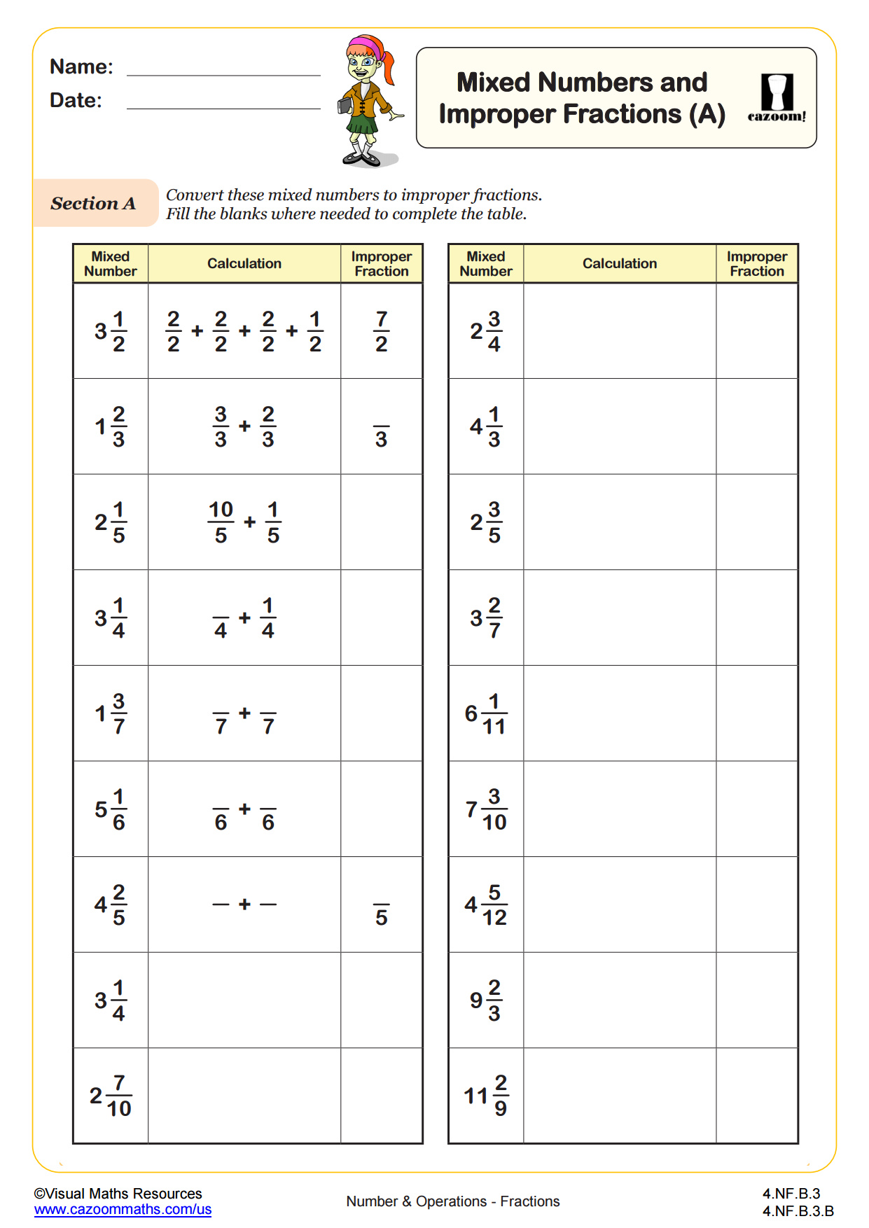 Preview of Mixed Numbers & Improper Fractions (A)