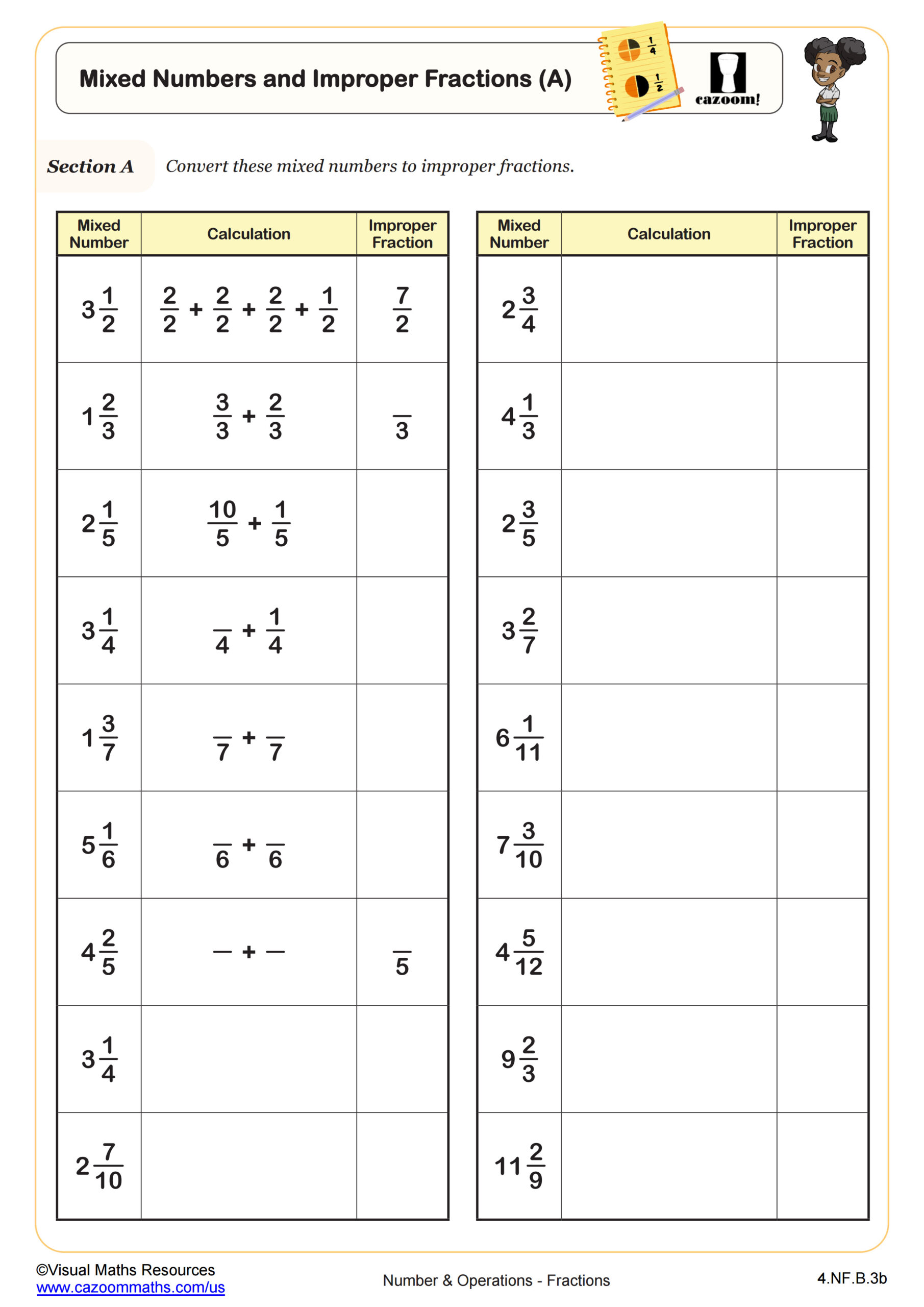 Mixed Numbers And Improper Fractions A Worksheet 4th Grade PDF