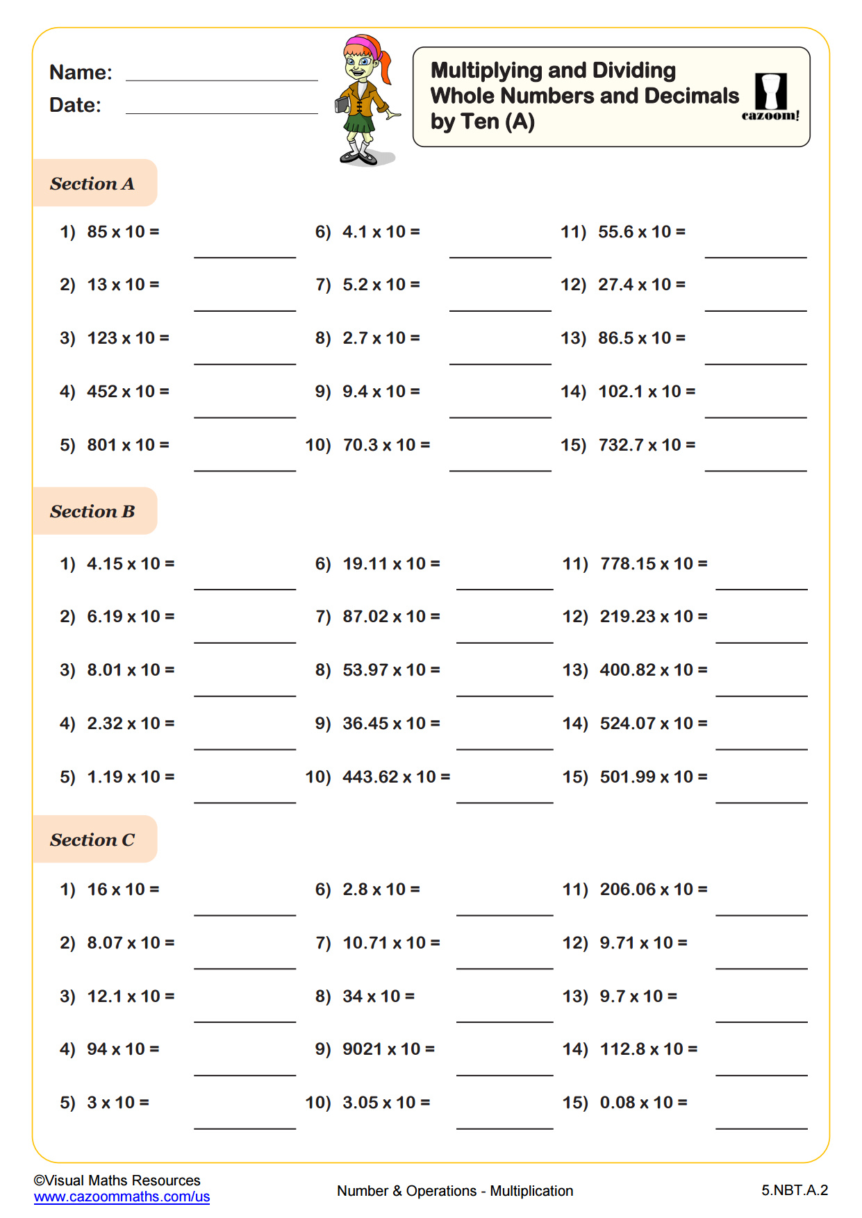 Preview of Multiply and Divide Whole Numbers and Decimals by Ten (A)