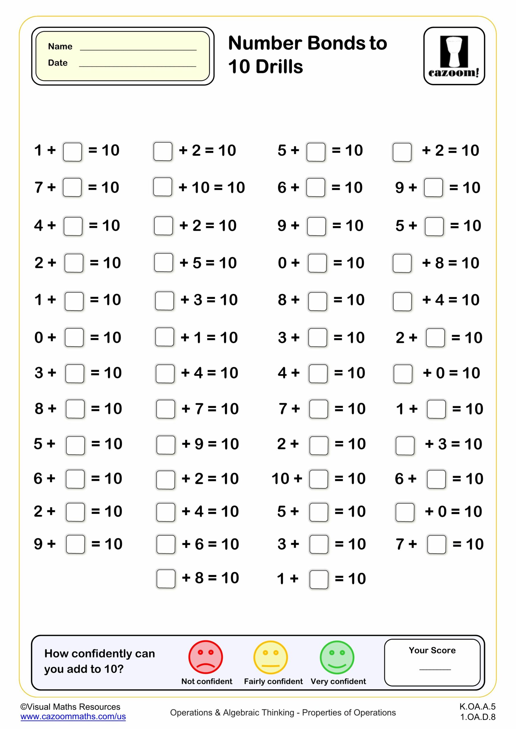 Subtracting From 10 Drills 10 Questions Pdf Printable Operations