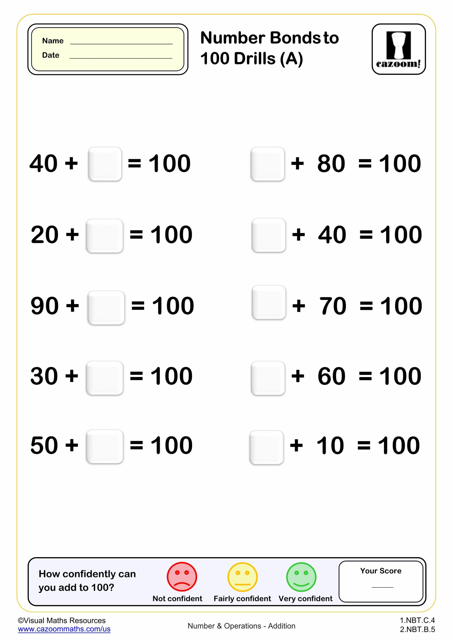 Preview of Number bond to 100 Drills (A) (10 questions)