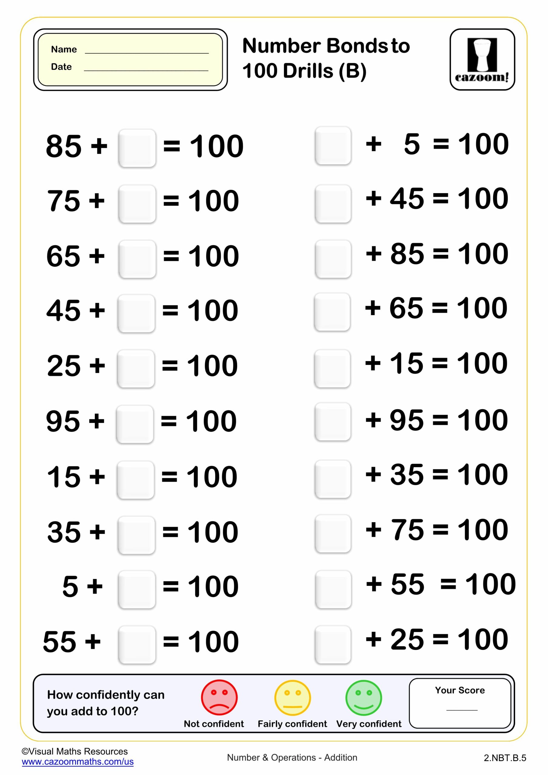 Number Bonds To 100 Drills B 20 Questions Worksheet Scaled