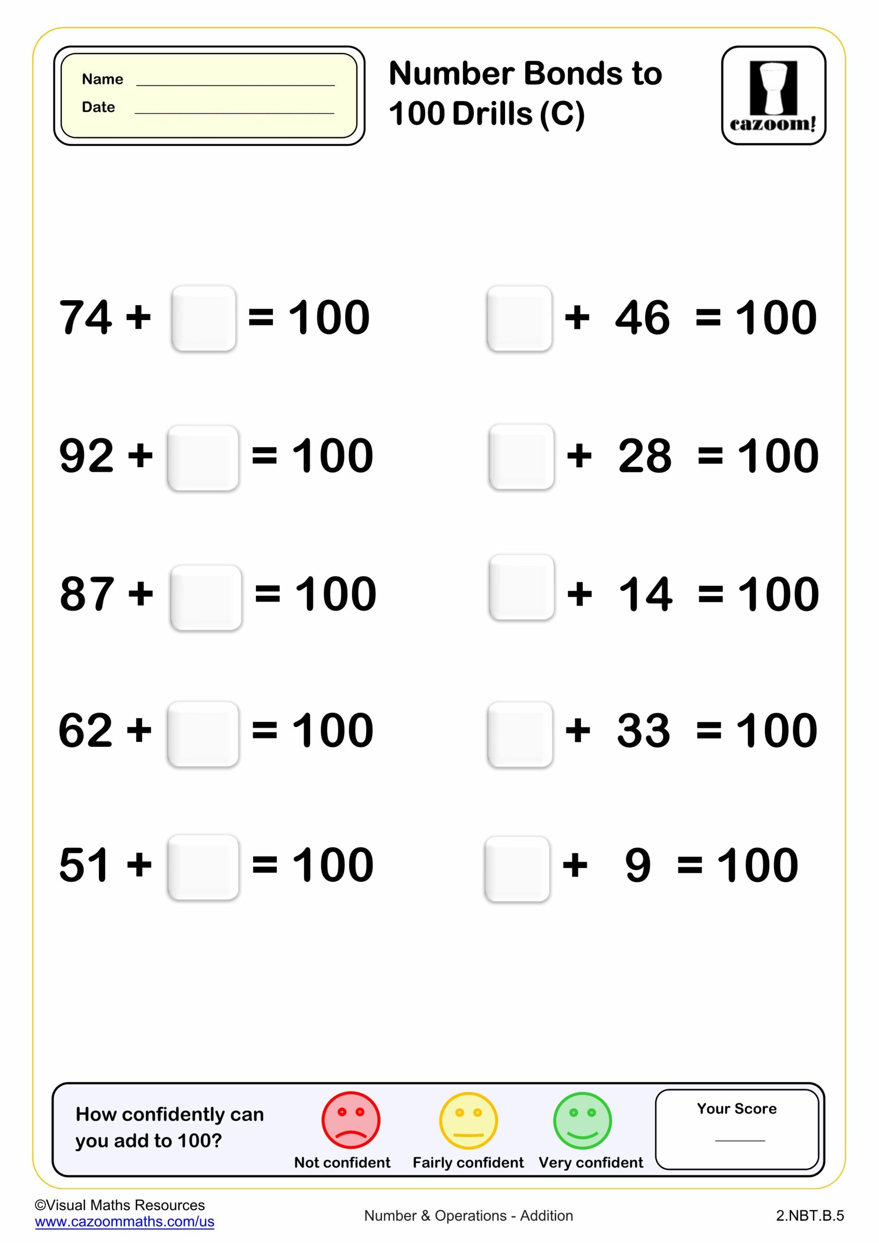 Preview of Number bond to 100 Drills (C) (10 questions)