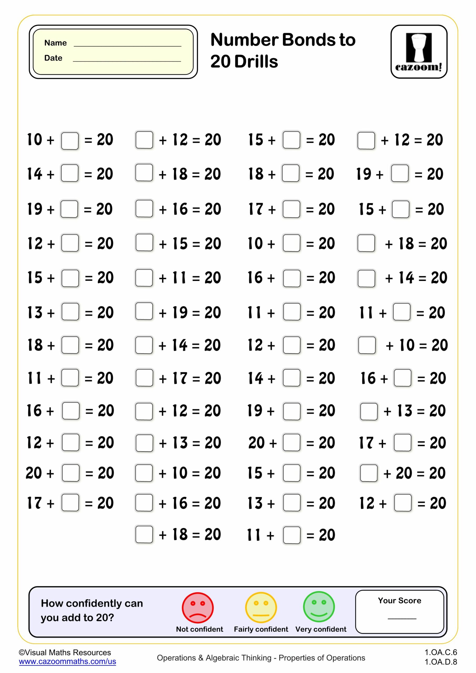 Number Bonds To 20 Drills 50 Questions Worksheet Scaled