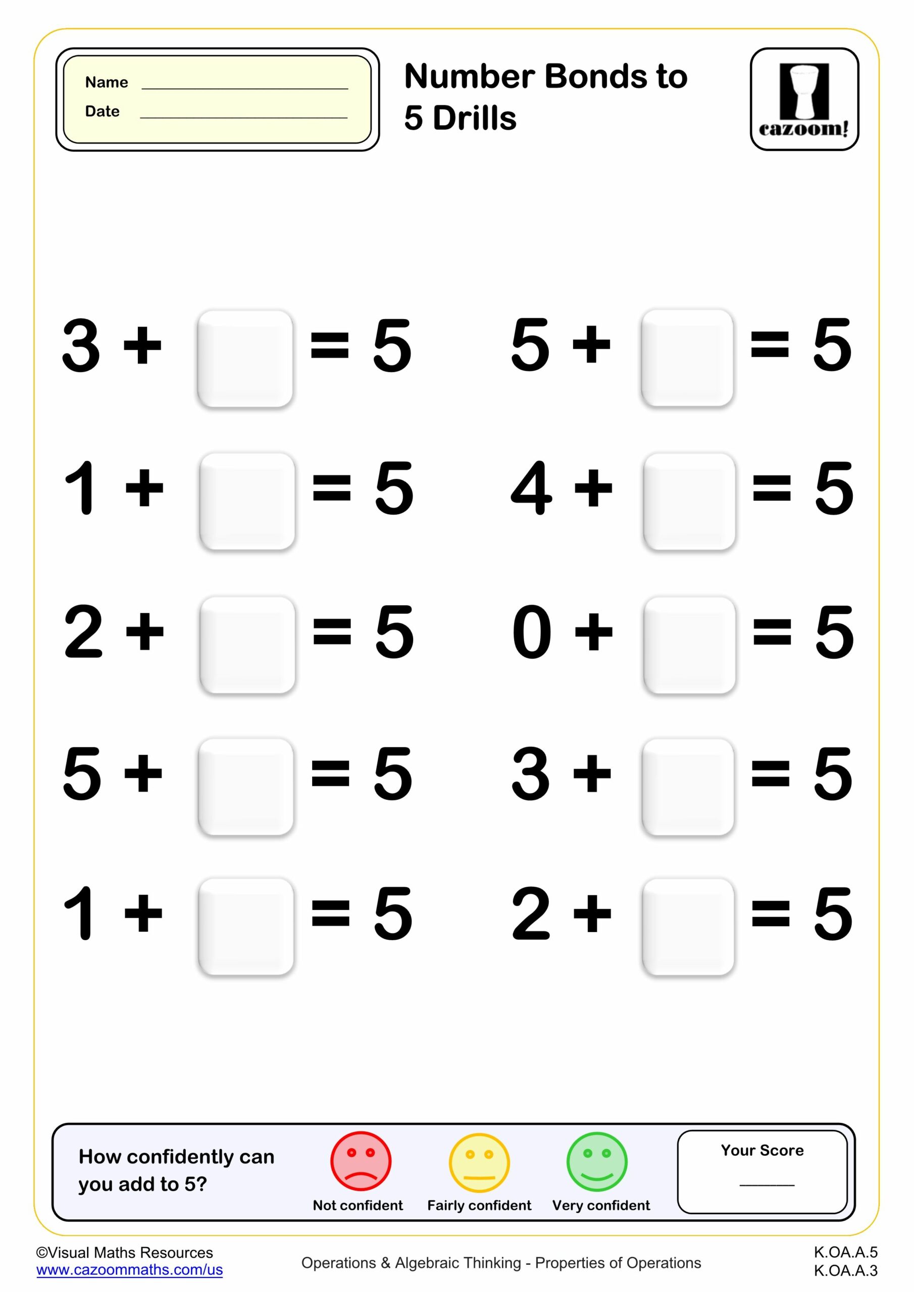Number Bonds To 5 Drills 10 Questions Worksheet Scaled