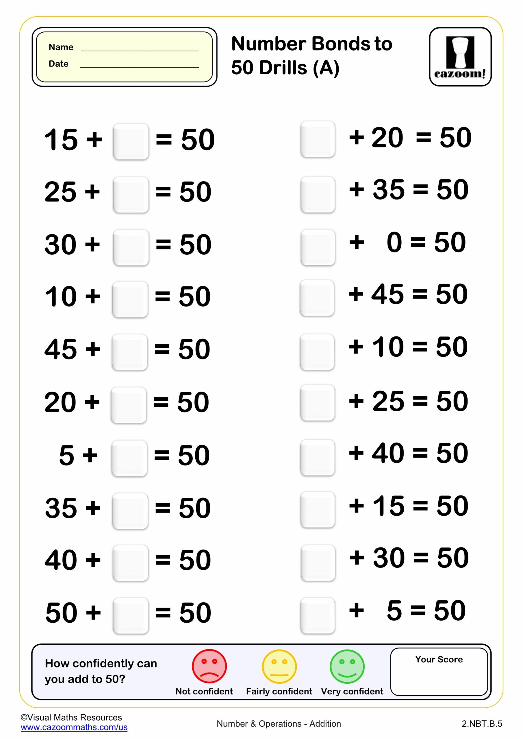 Number Bonds To 50 Drills A 20 Questions Worksheet Scaled