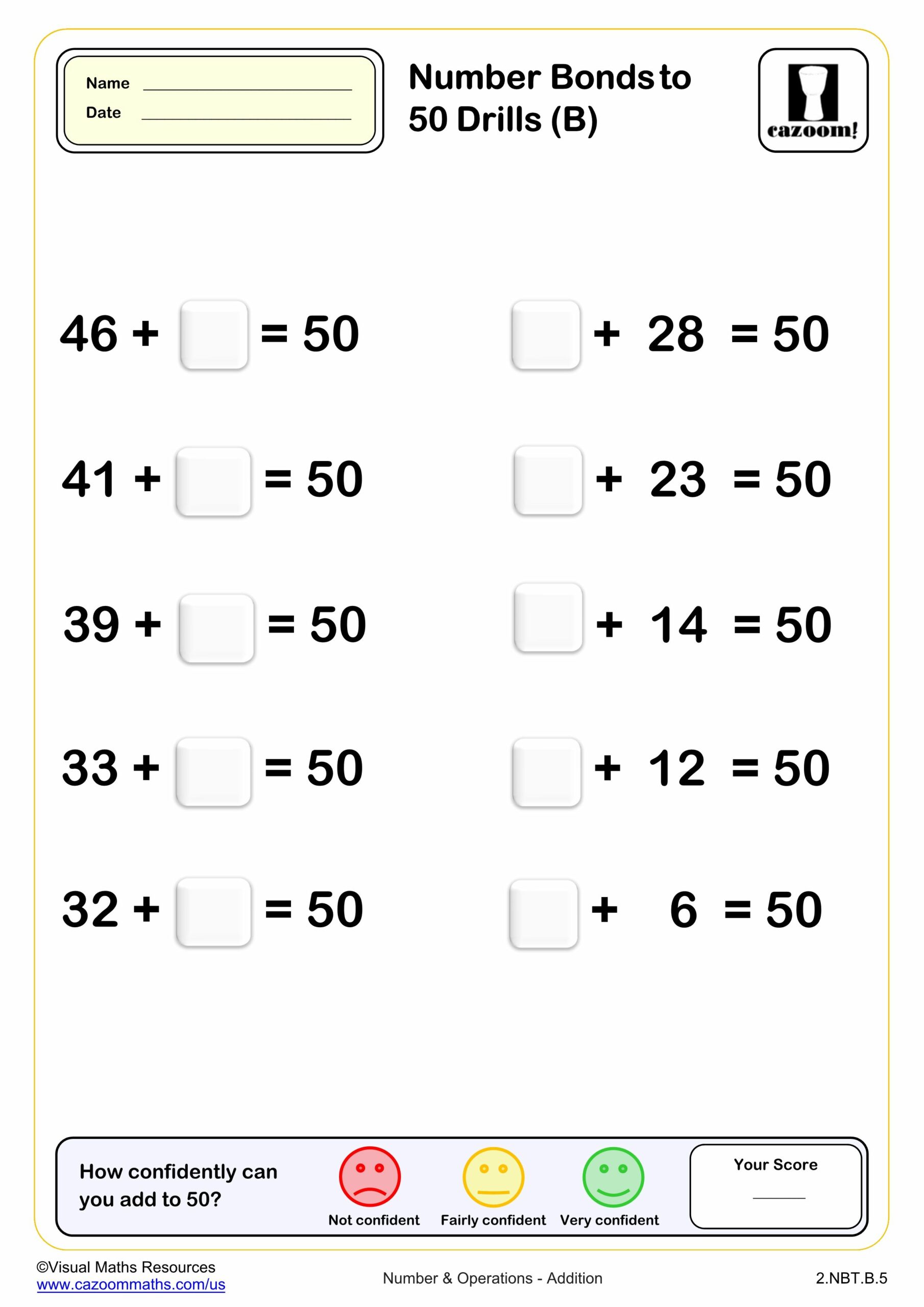 Number Bonds To 50 Drills B 10 Questions Worksheet Scaled