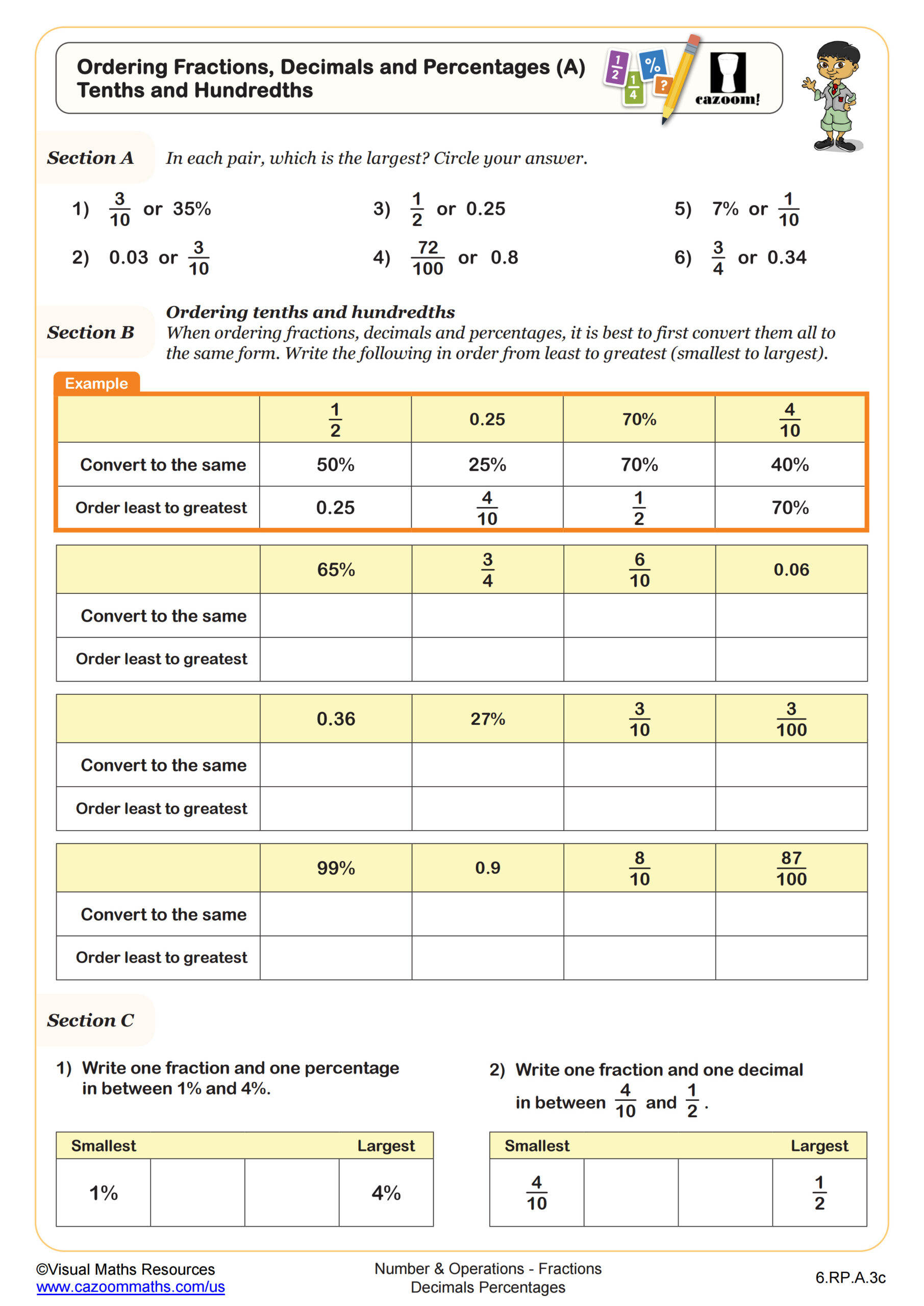 Ordering Fractions Decimals And Percents A Worksheet PDF