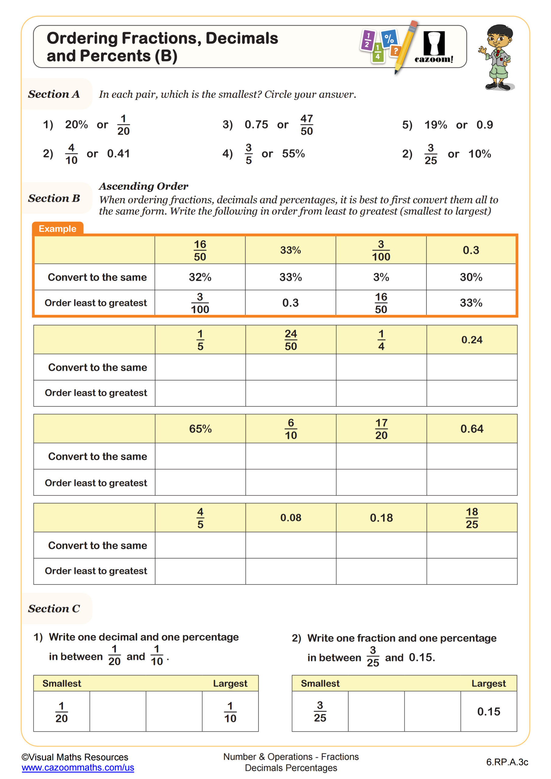 Preview of Ordering Fractions, Decimals, and Percents (B)