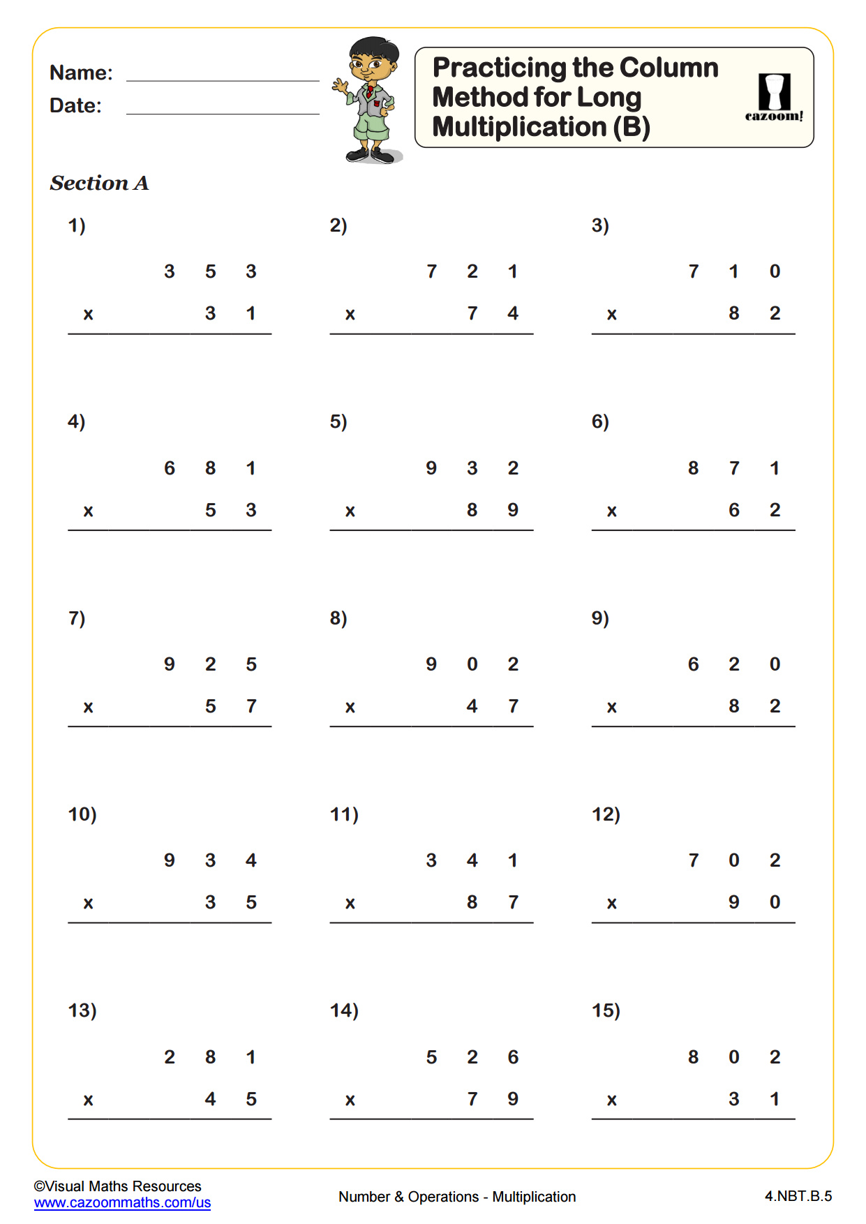 Preview of Practicing the Column Method for Long Multiplication (B)