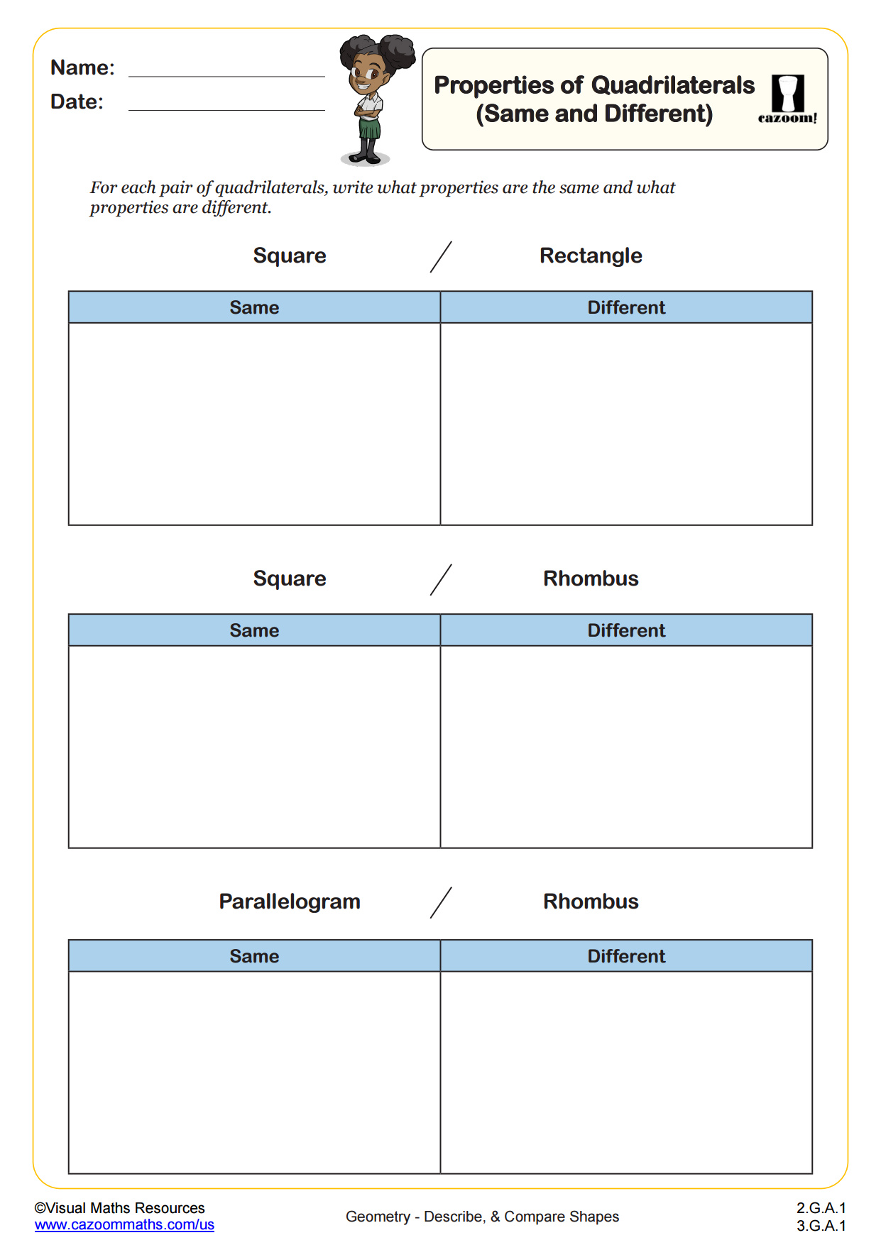 Properties Of Quadrilaterals Same And Different With Clues Worksheet