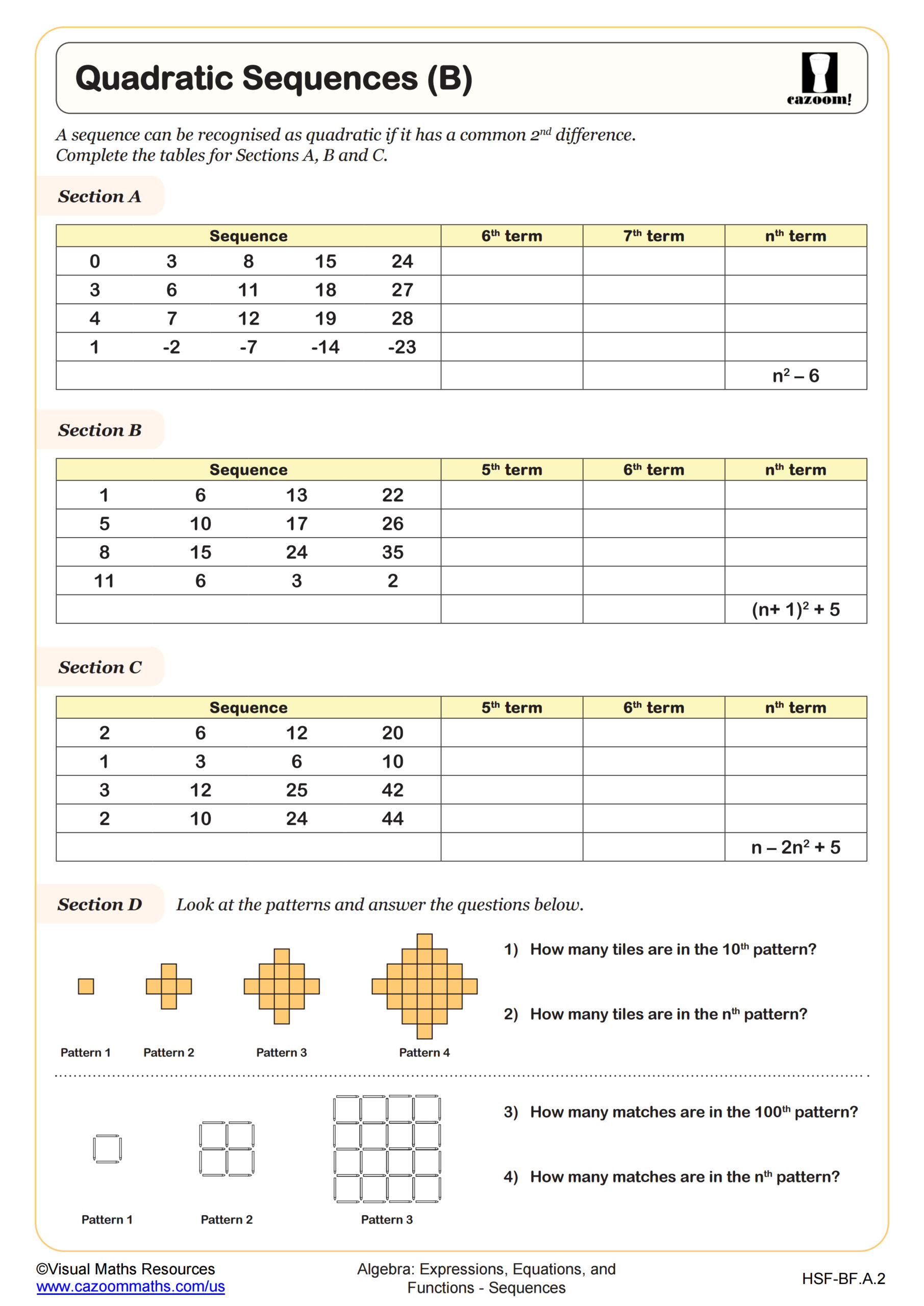 Preview of Quadratic Sequences (B)
