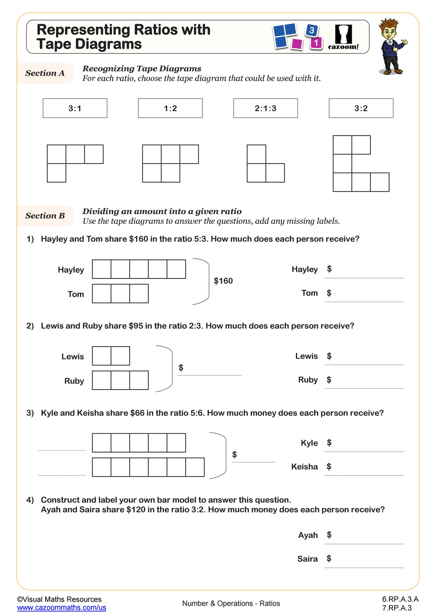 Representing Ratios with Tape Diagrams Worksheet PDF Printable Number & Operations Worksheet