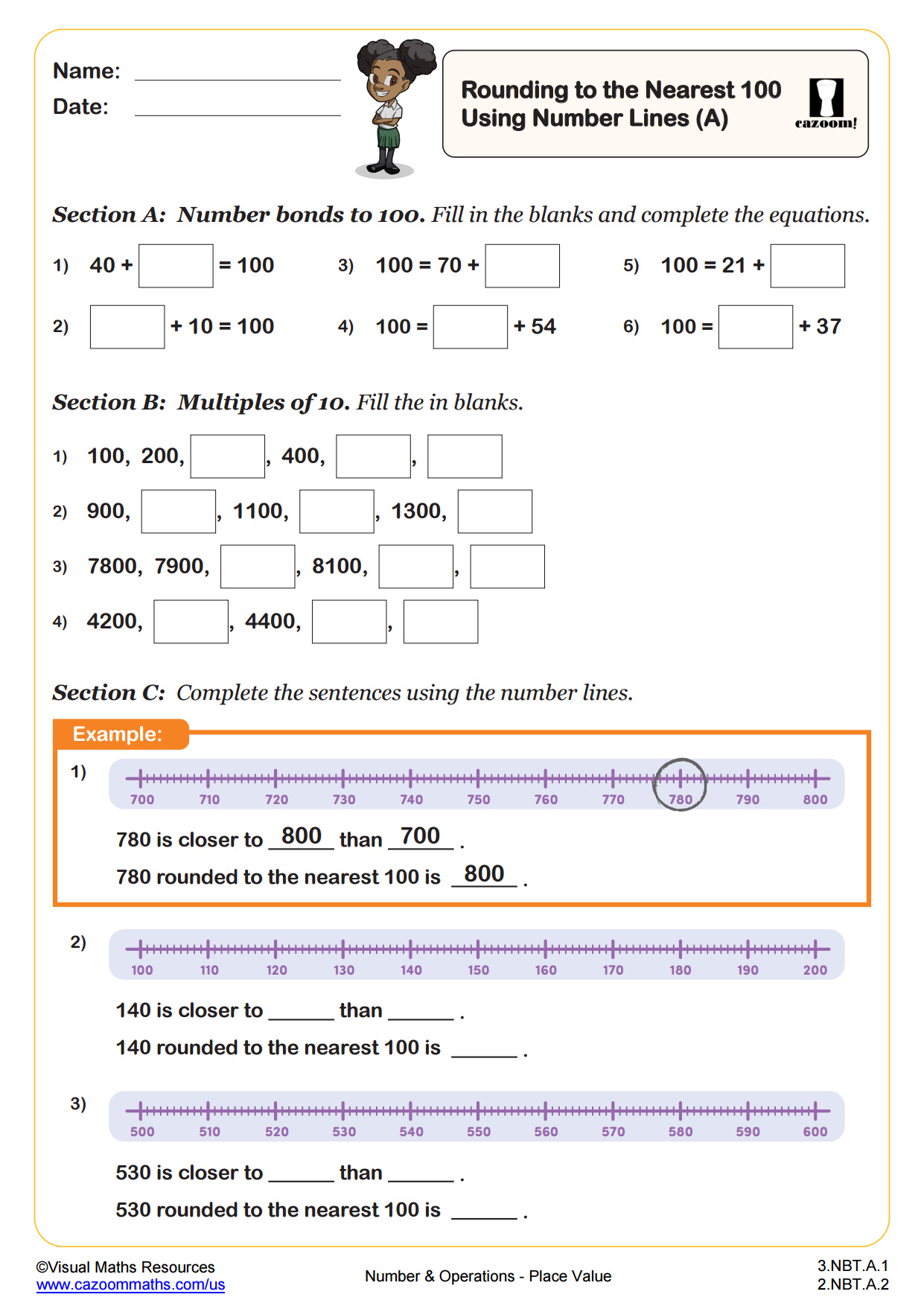 Preview of Rounding Numbers to the Nearest 100 Using Number Lines (A)
