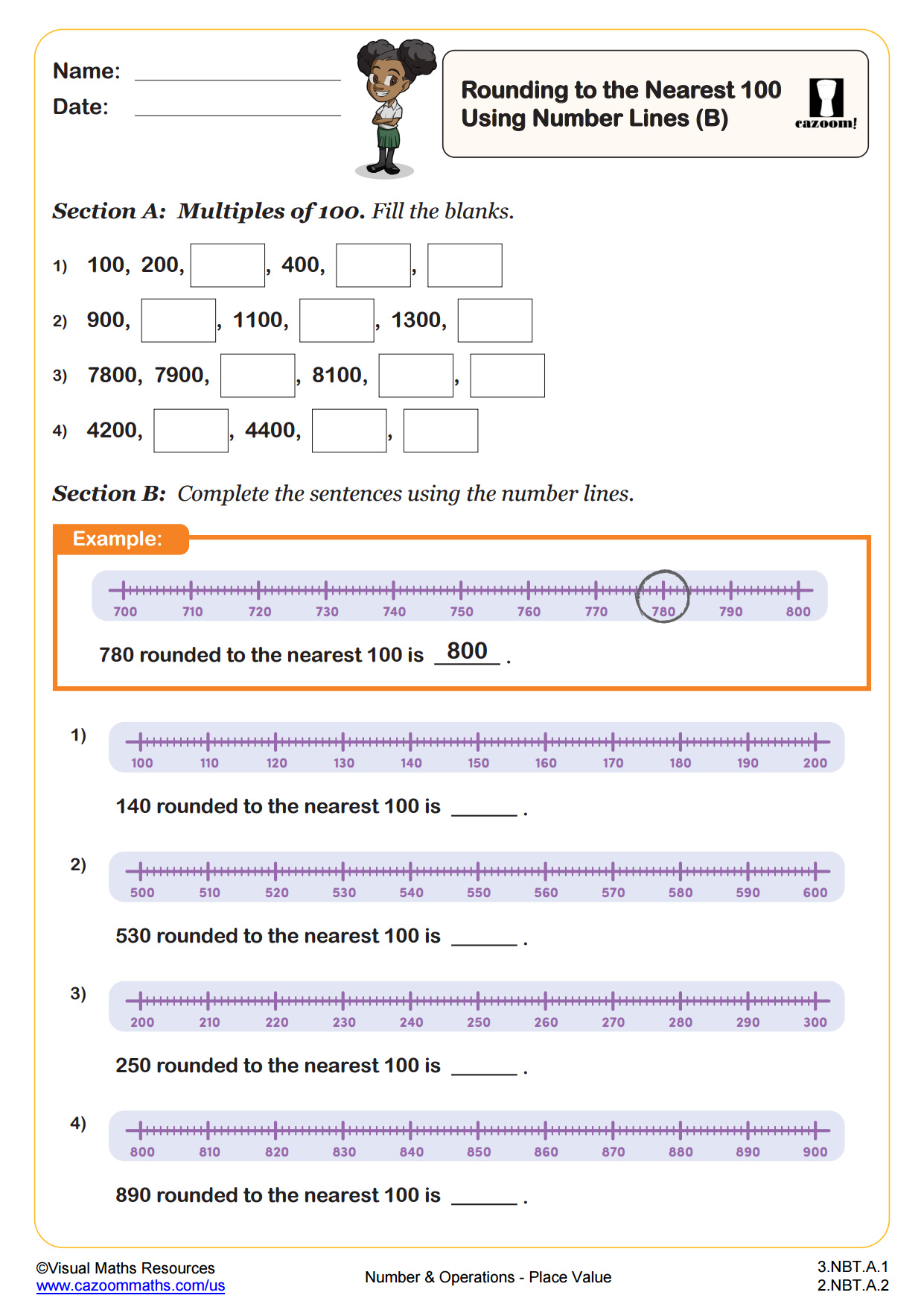 Rounding Numbers to the Nearest 100 Using Number Lines (B) PDF