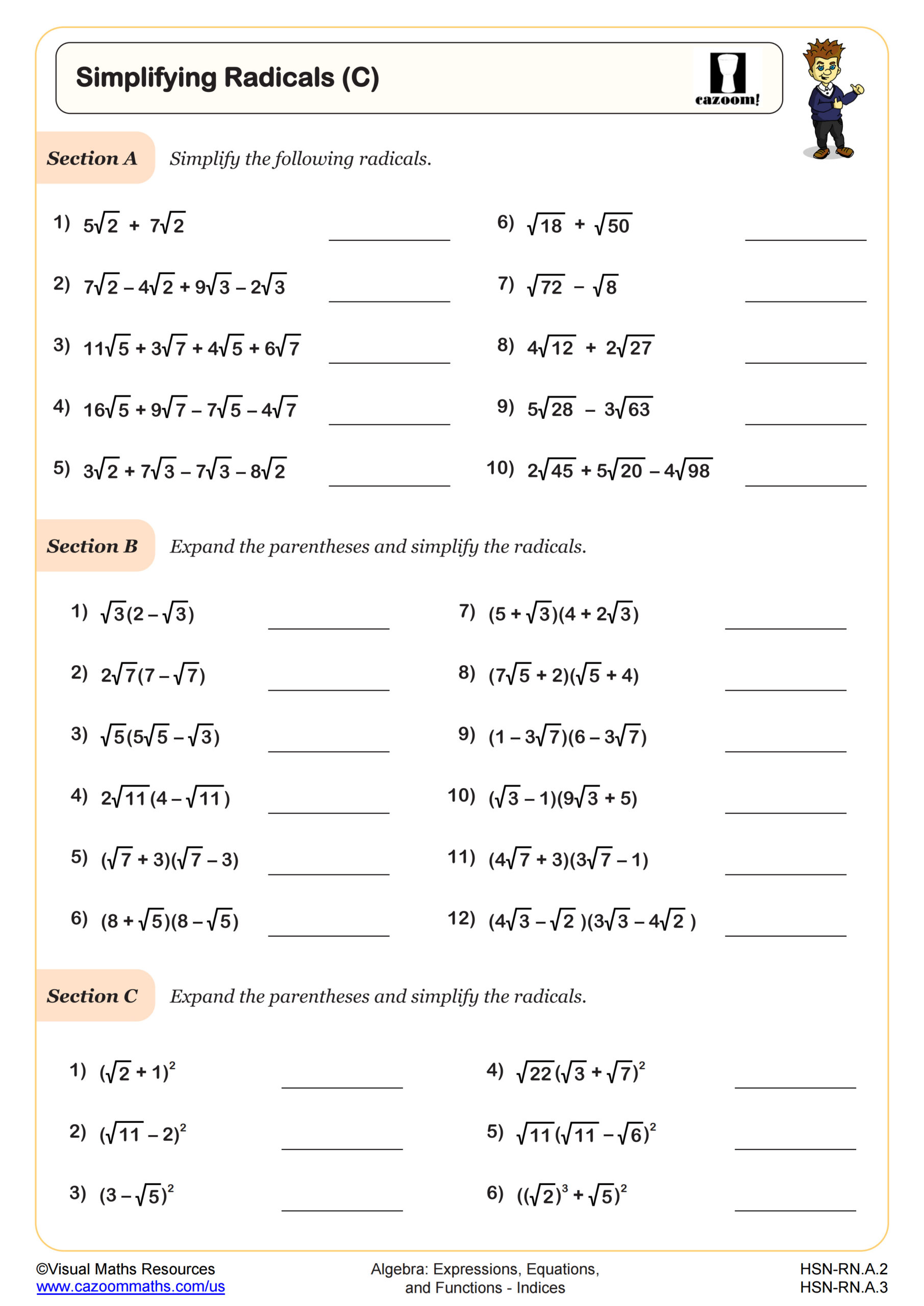 Simplifying Radicals by Rationalizing Worksheet PDF Printable Algebra