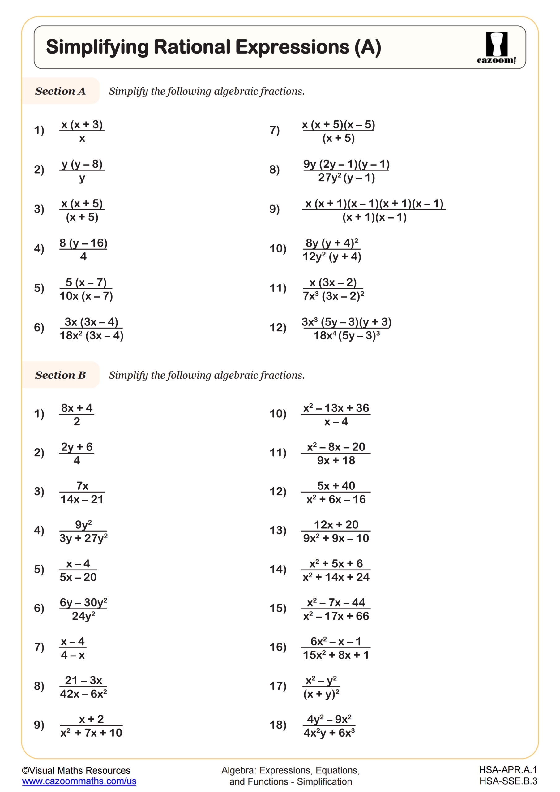 Preview of Simplifying Rational Expressions (A)