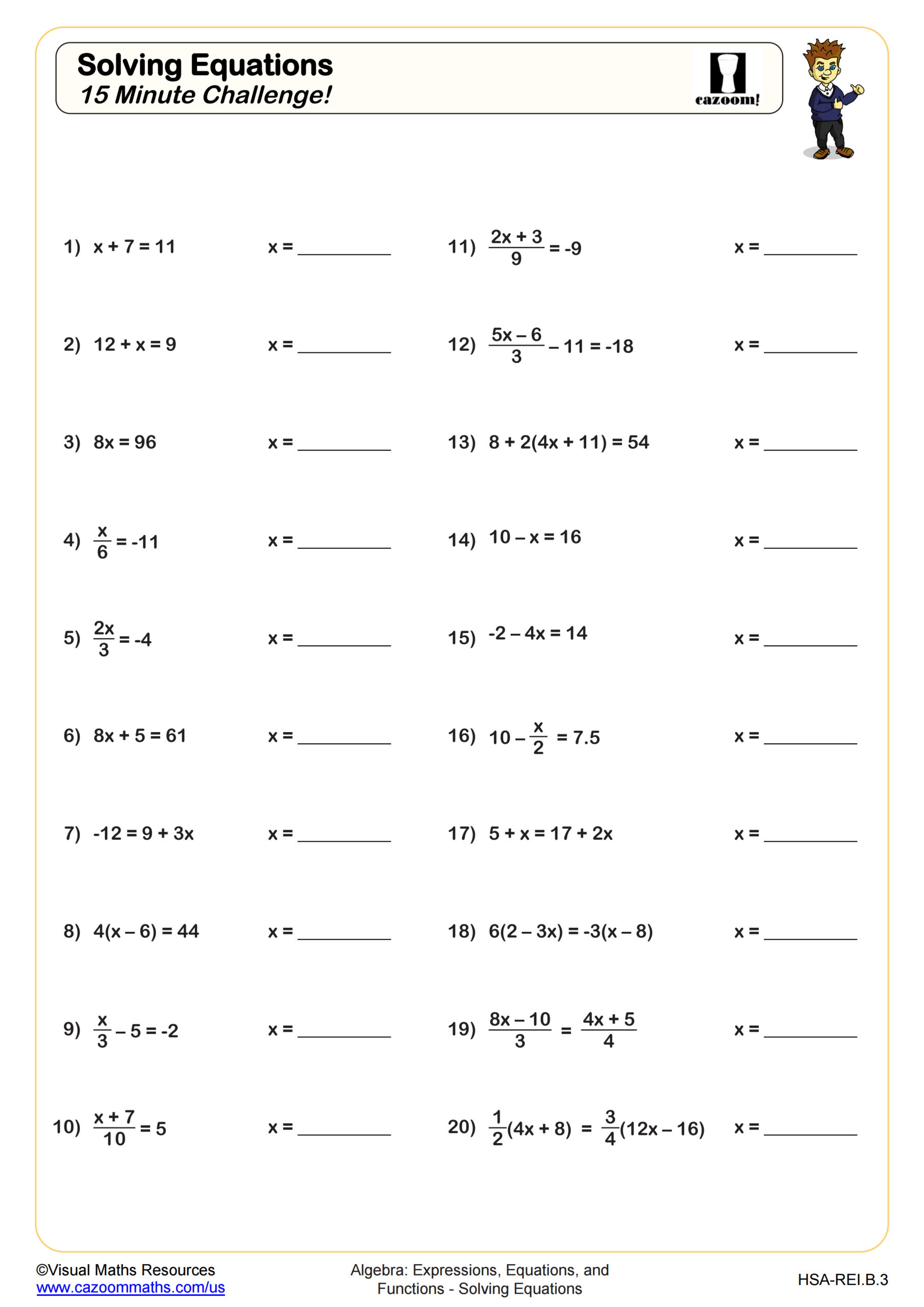 Solving Equations 15 Minute Challenge Worksheet Scaled