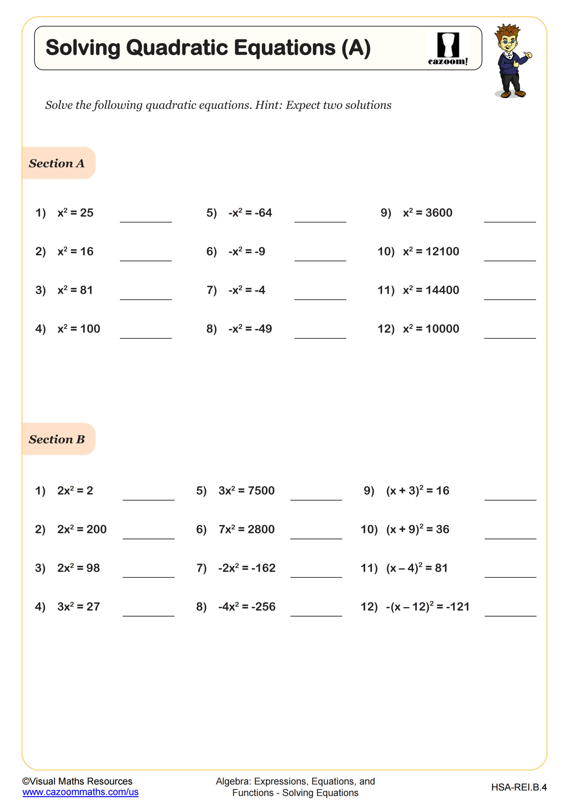 Preview of Solving Quadratic Equations (A)