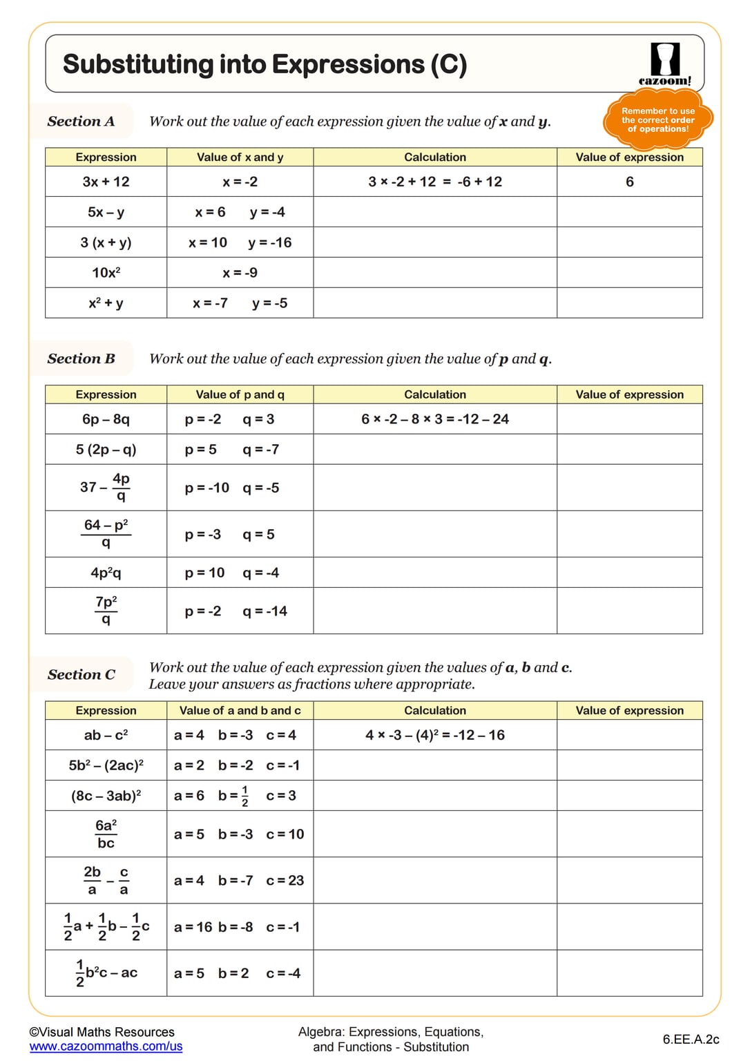 Substituting into Expressions (C) Worksheet | Fun and Engaging 6th ...
