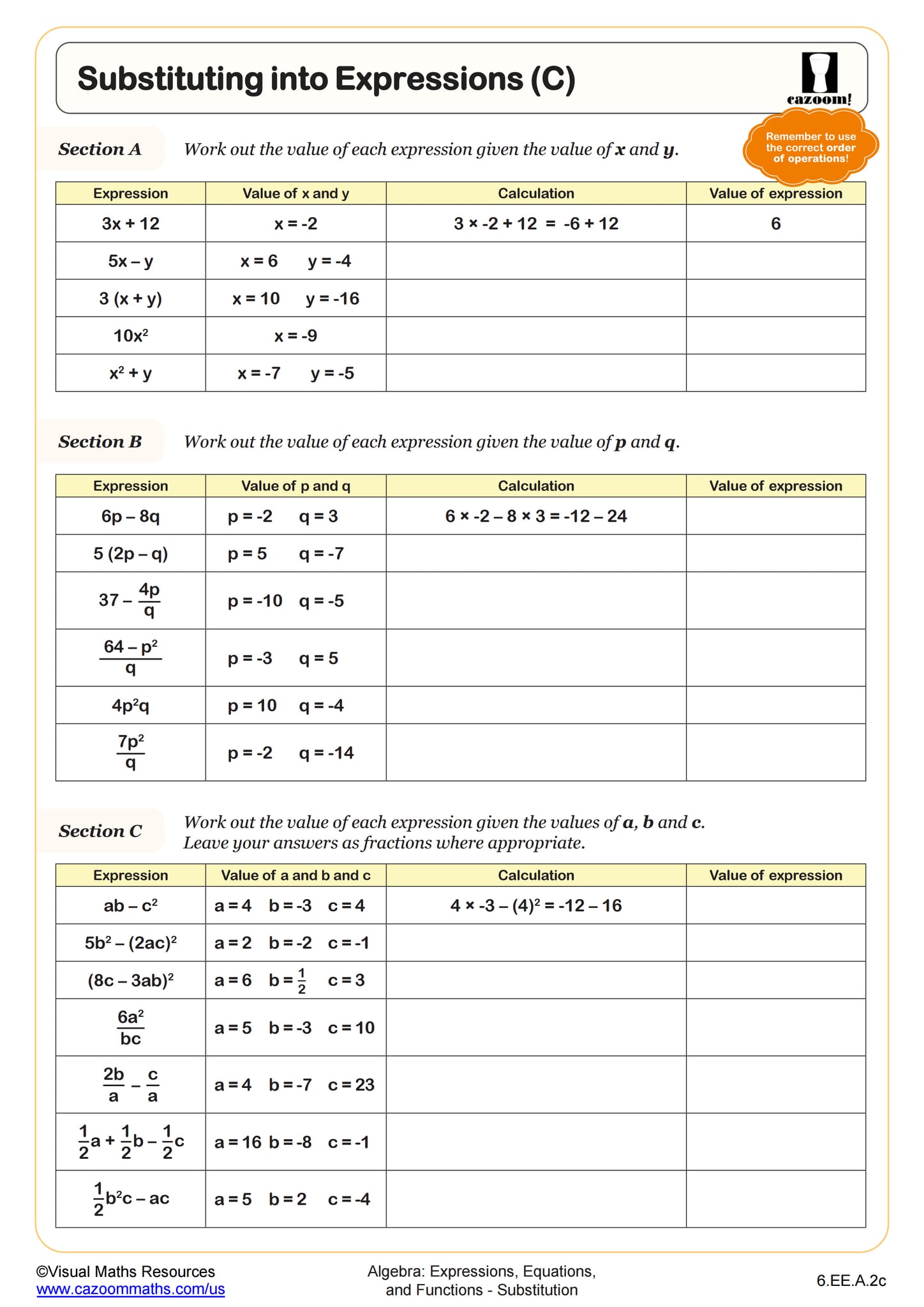 Substuting into Expressions using Negative Numbers Worksheet | PDF ...