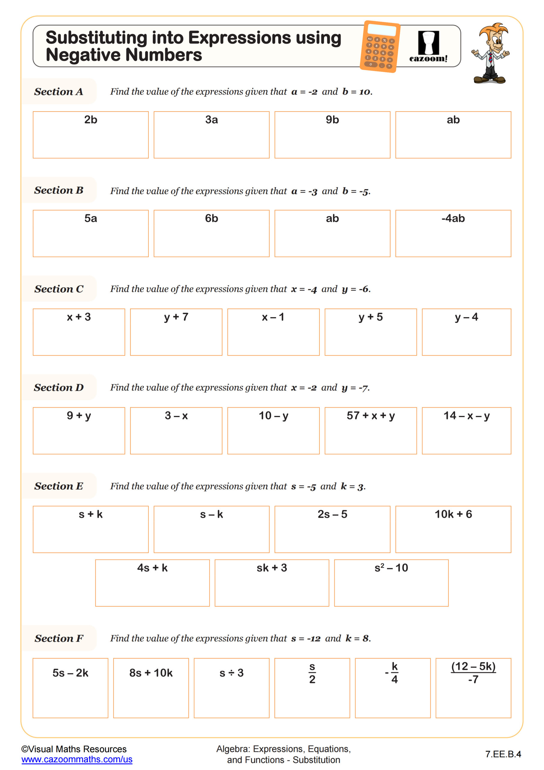 Preview of Substuting into Expressions using Negative Numbers