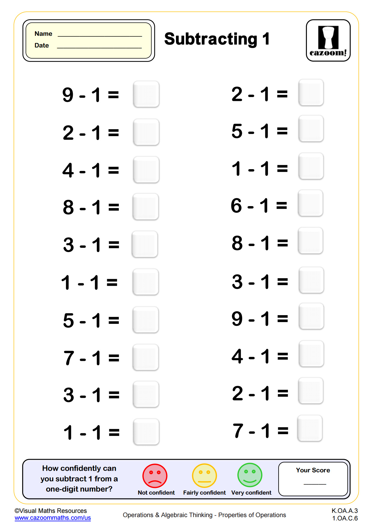 Preview of Subtracting 1 (20 questions)