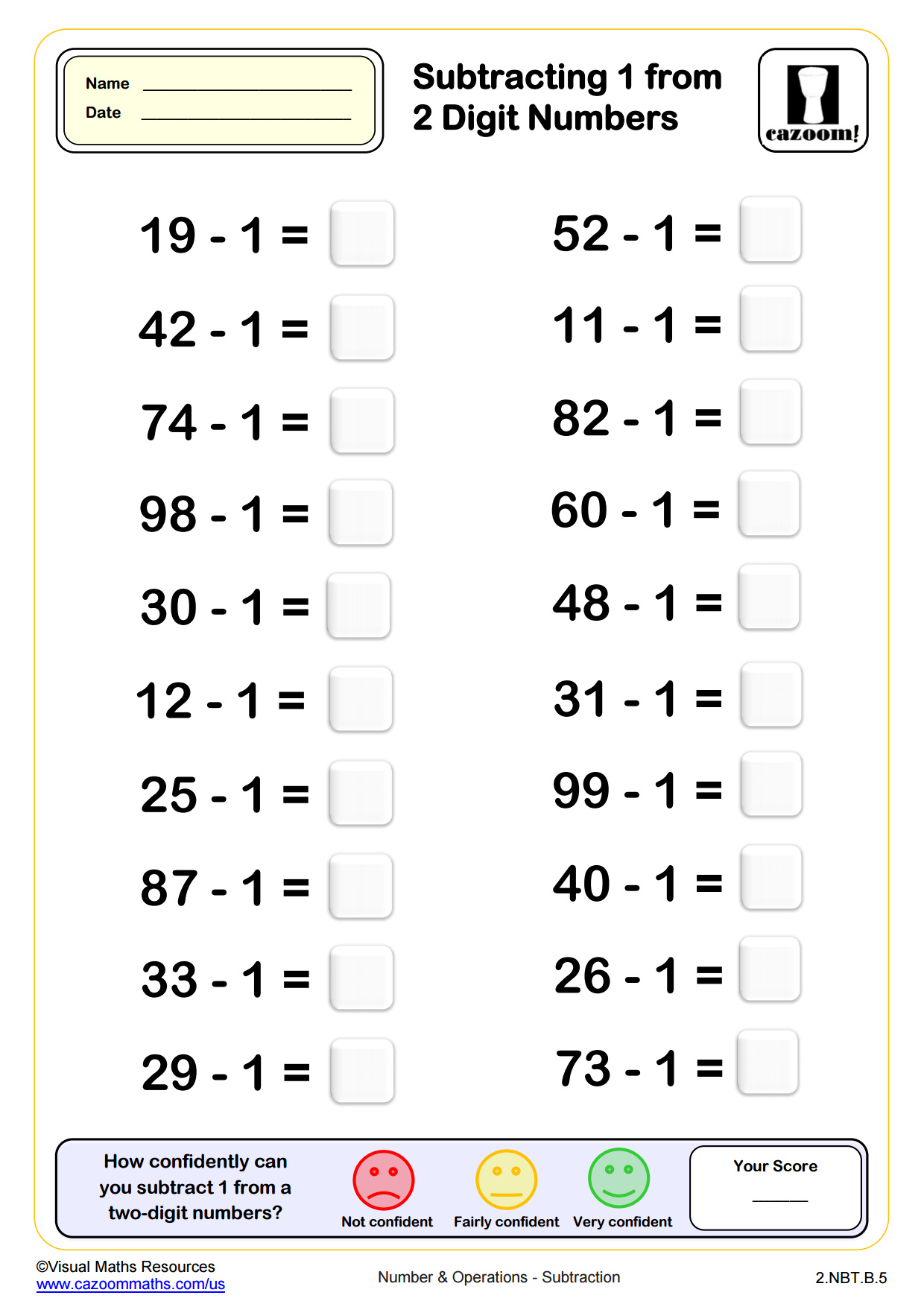 Subtracting 1 From Two Digit Numbers 20 Questions Worksheet