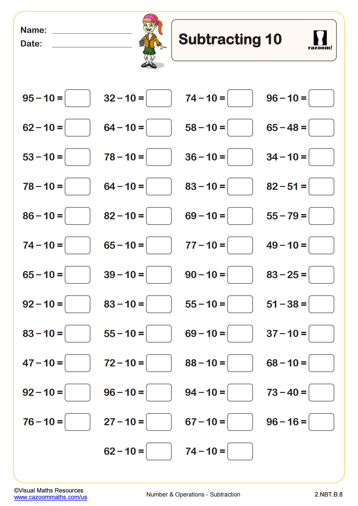 Preview of Subtracting 10 (50 questions)