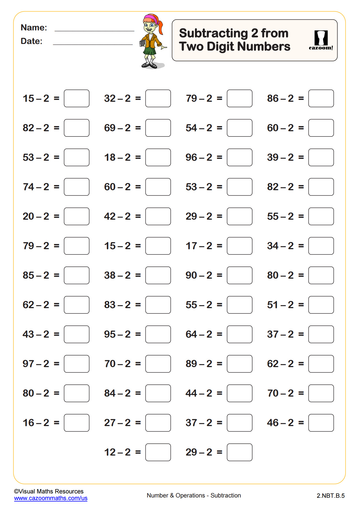 Preview of Subtracting 2 from two digit numbers (50 questions)
