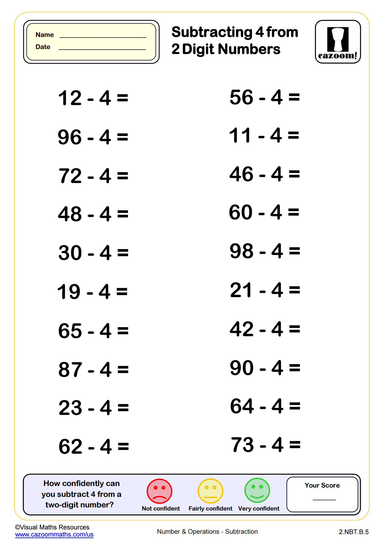 Subtracting 4 From Two Digit Numbers 20 Questions Worksheet