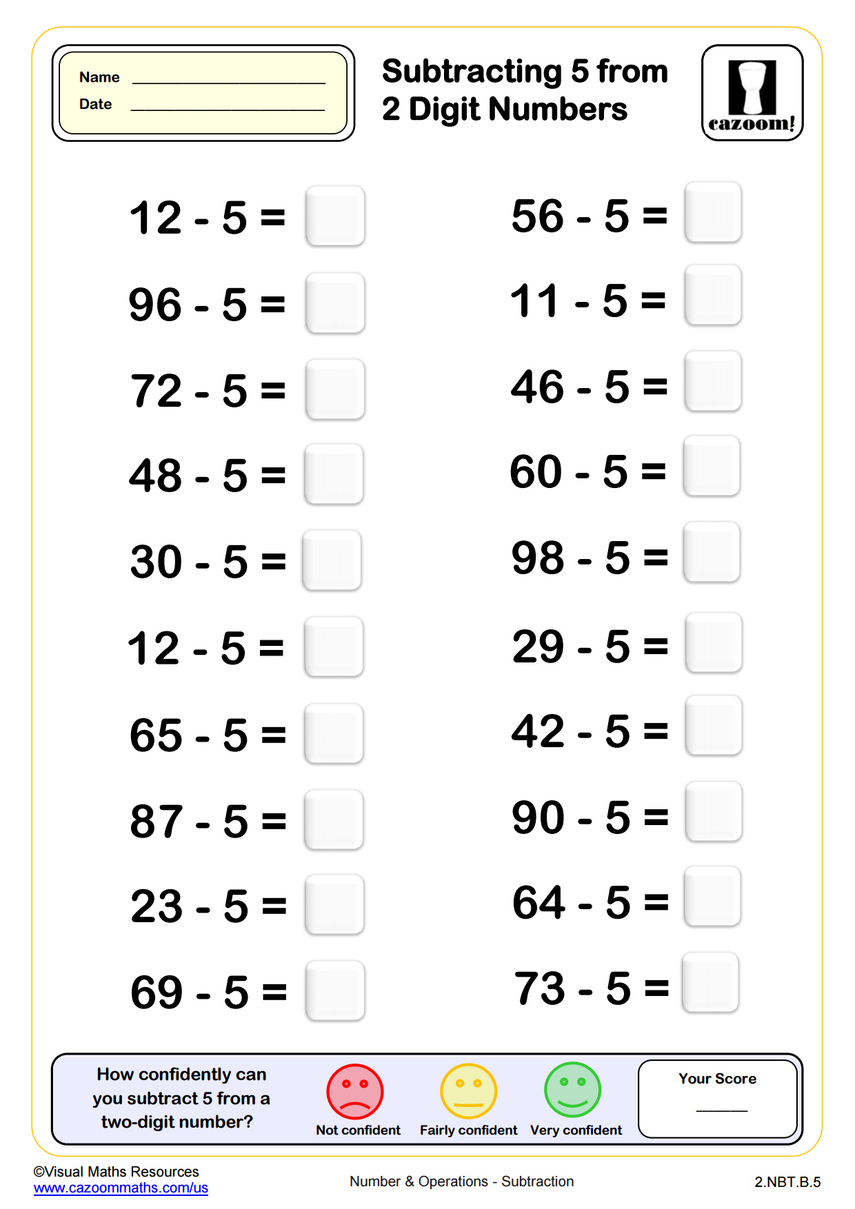 Subtracting 5 From Two Digit Numbers 50 Questions Pdf Printable