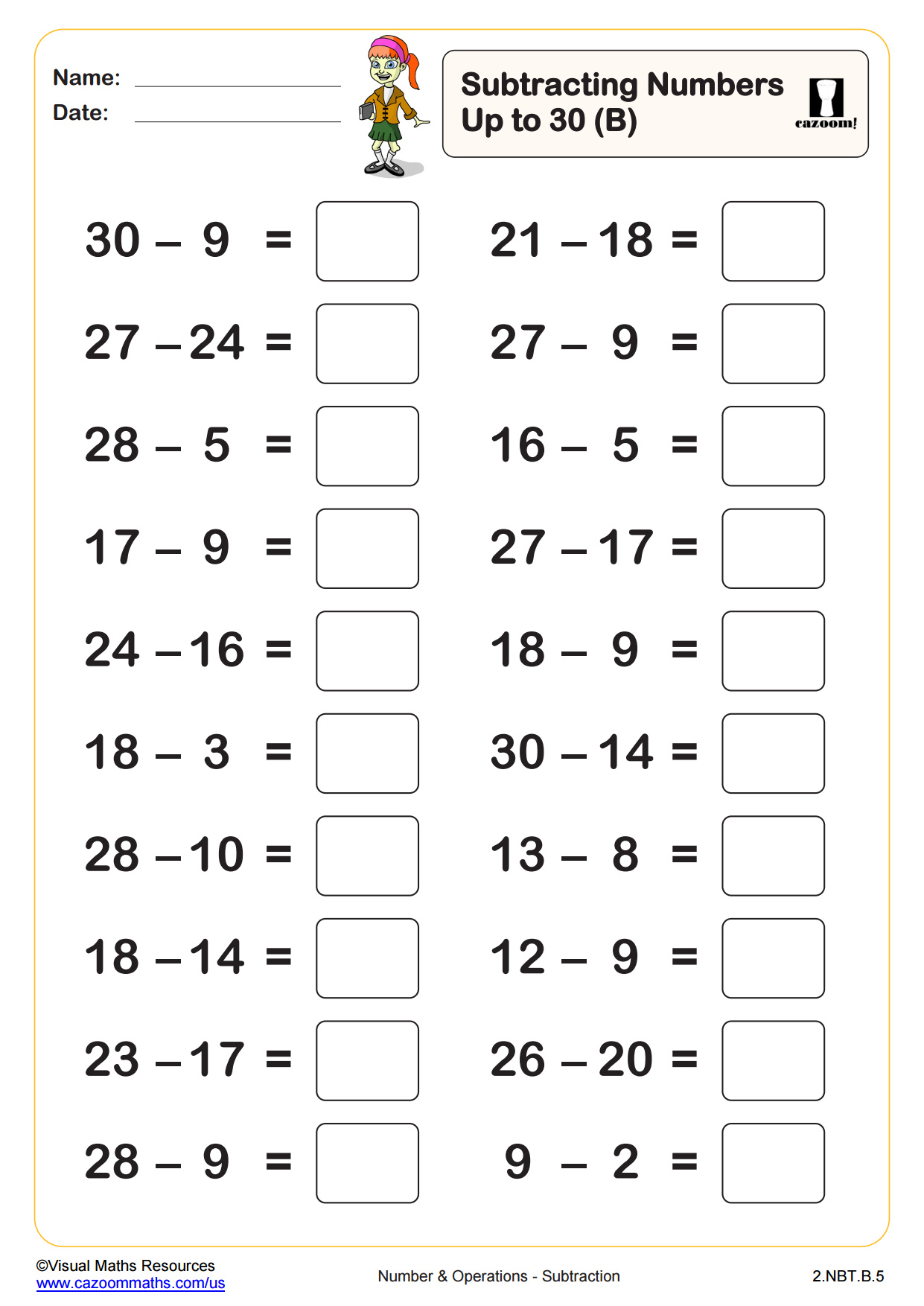 Preview of Subtracting Numbers Up to 30 (B)