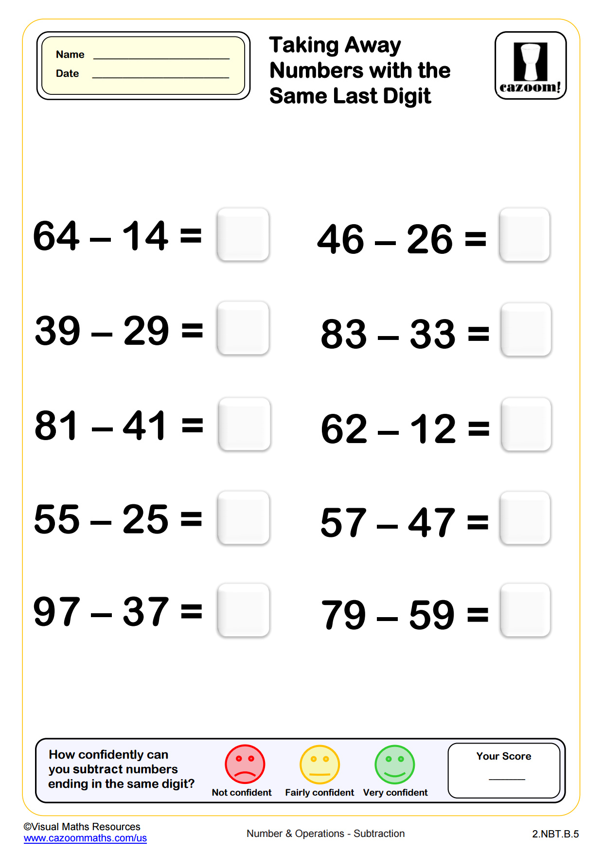 Preview of Subtracting Numbers with the Same Last Digit (10 questions)