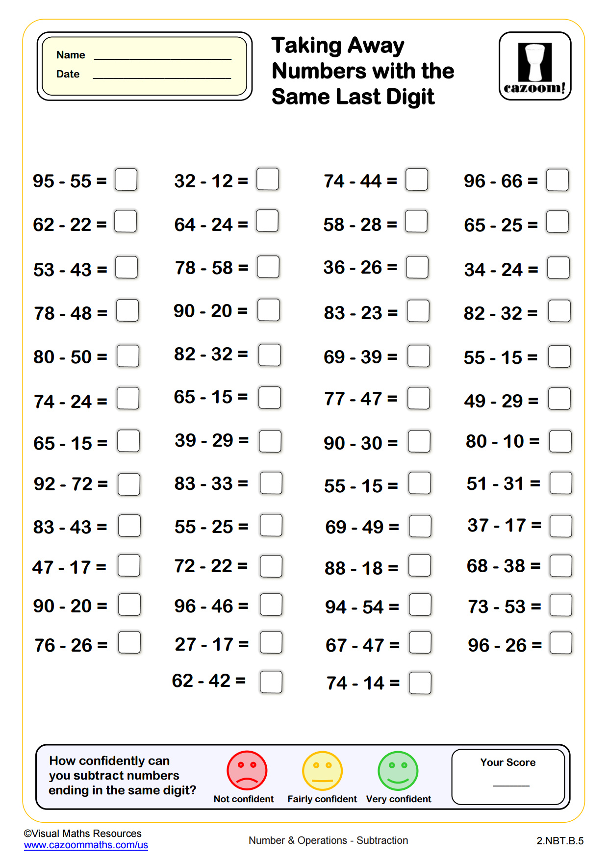 Preview of Subtracting Numbers with the Same Last Digit (50 questions)