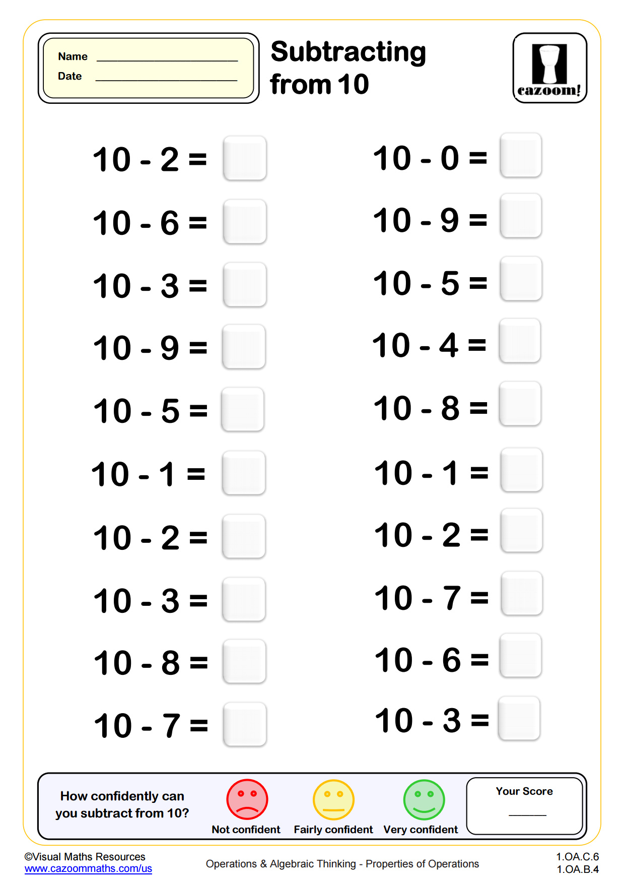 Preview of Subtracting from 10 Drills (20 questions)
