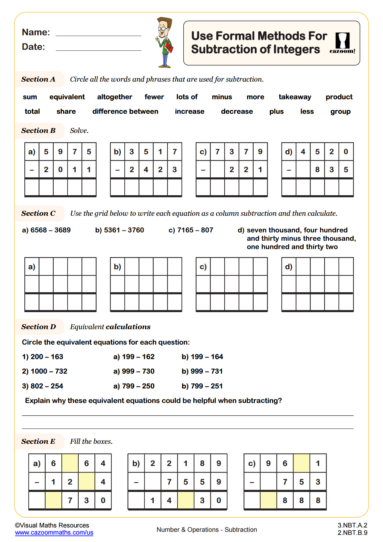 Use Formal Methods For Subtraction Of Integers Worksheet