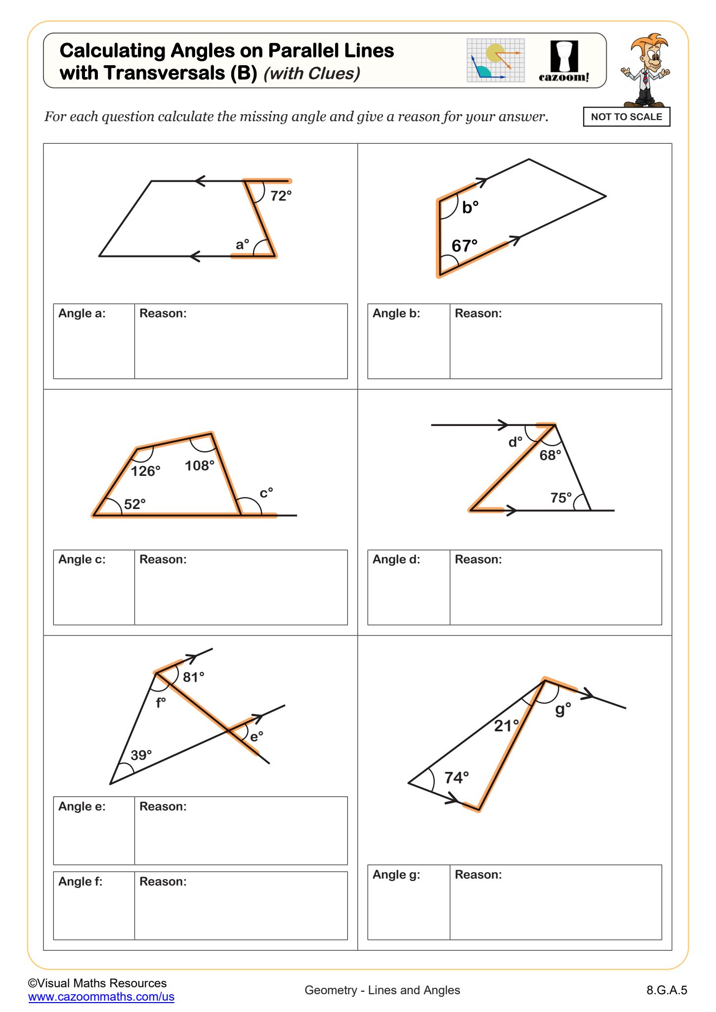 Preview of Calculating Angles on Parallel Lines with Transversals (B) (with clues)