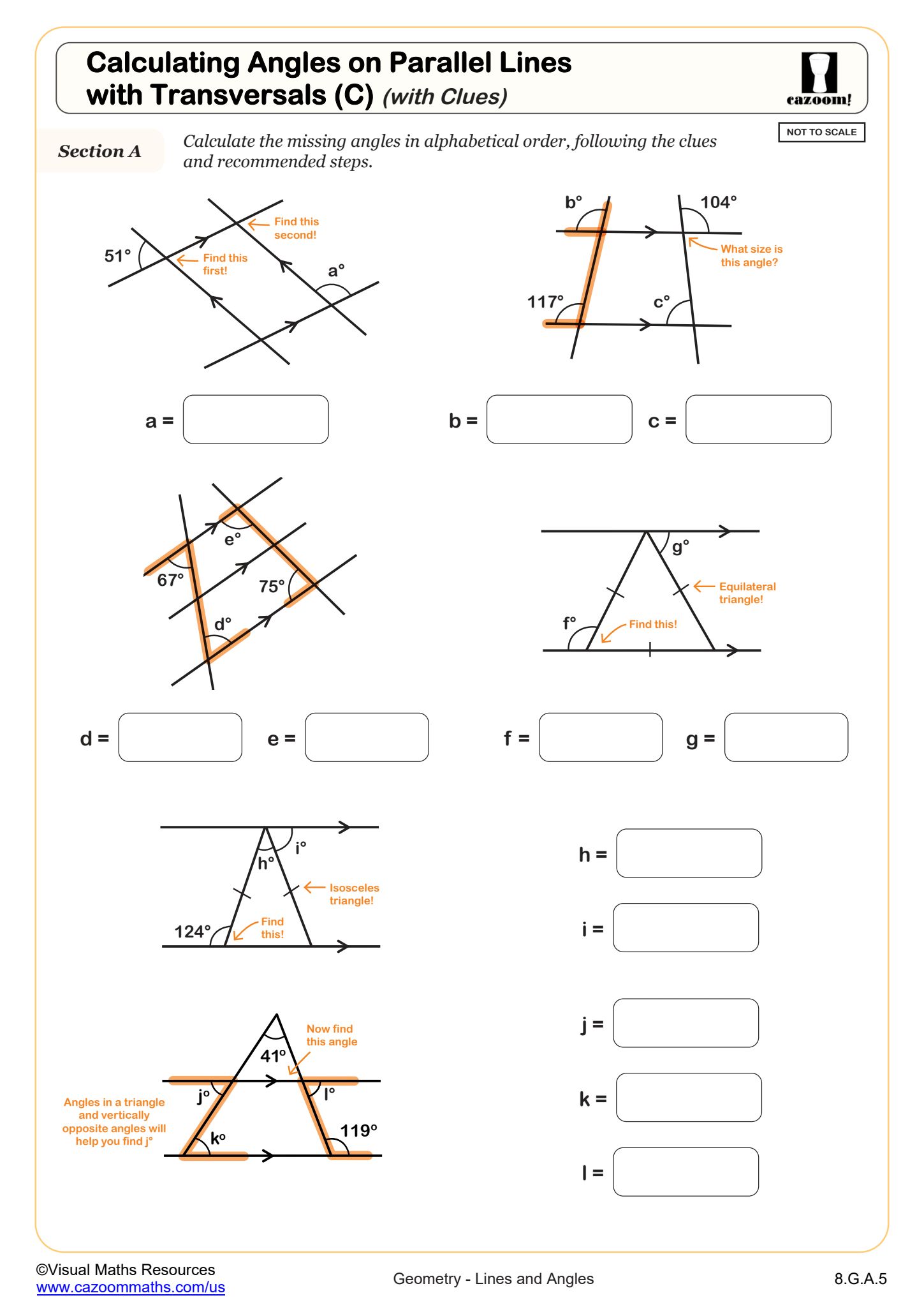 Preview of Calculating Angles on Parallel Lines with Transversals (C) (with clues)