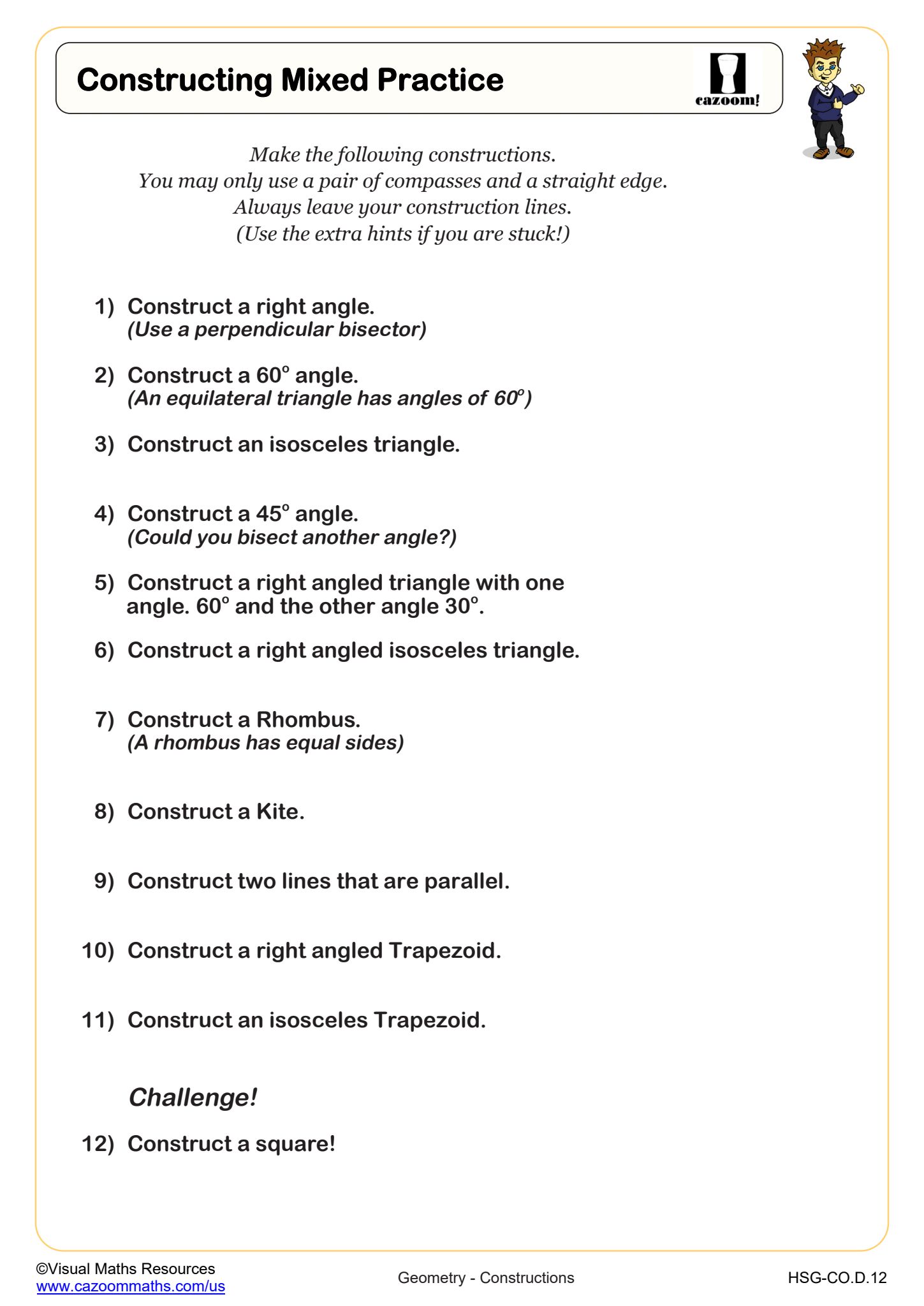 Cazoom Math Constructions Constructing Mixed Practice Worksheet