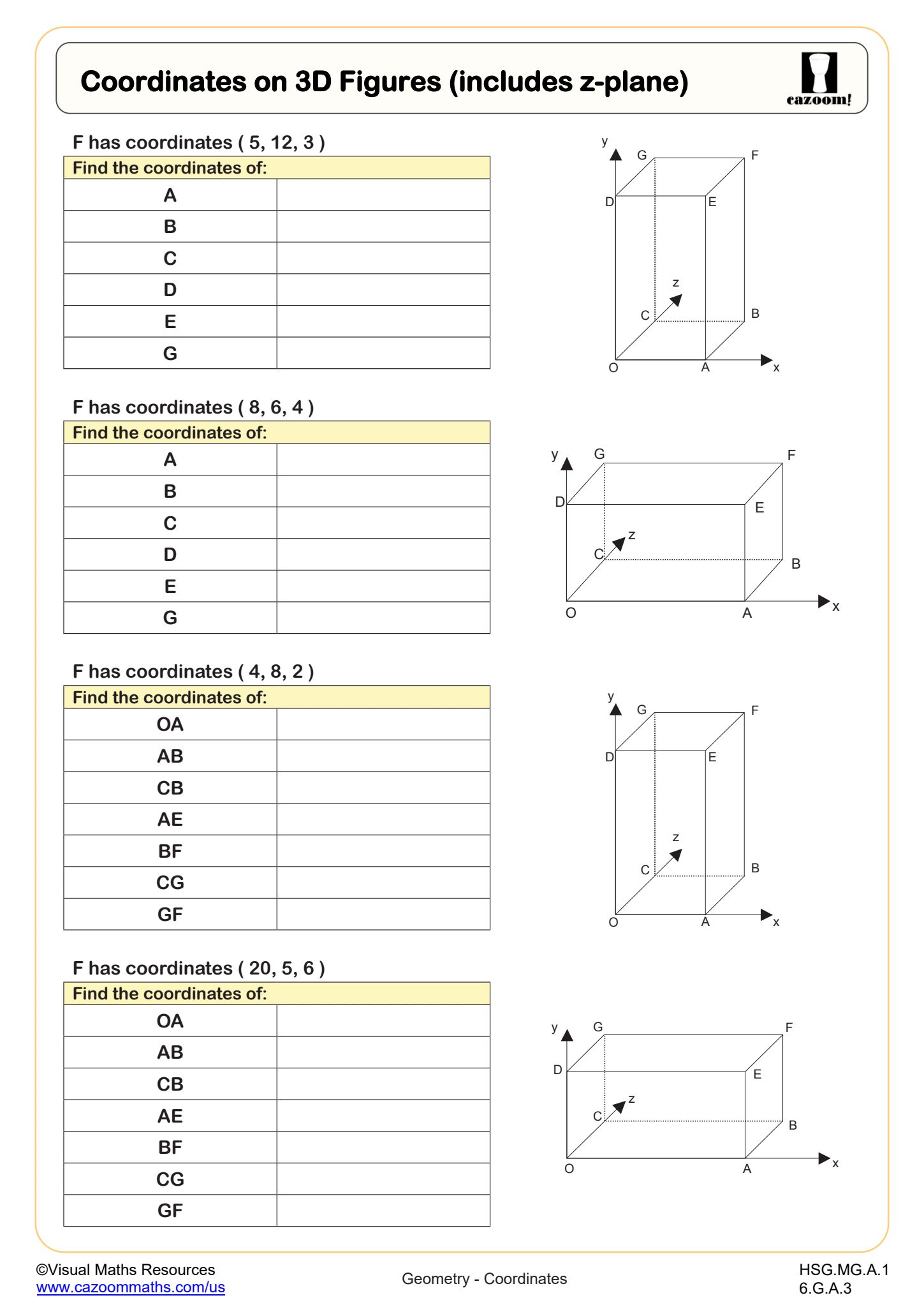 Cazoom Math Coordinates 3D Coordinates Worksheet