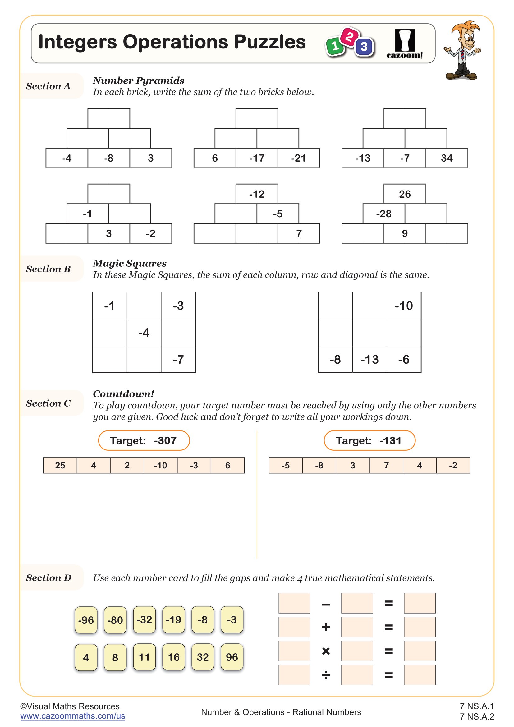 Cazoom Math Integers Operations Puzzles