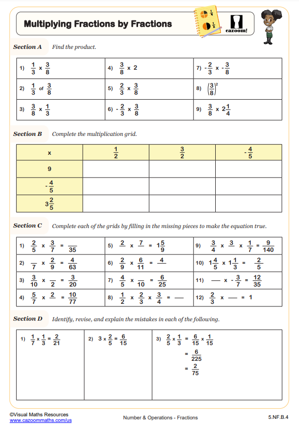 Cazoom Math Multiplying Fractions By Fractions