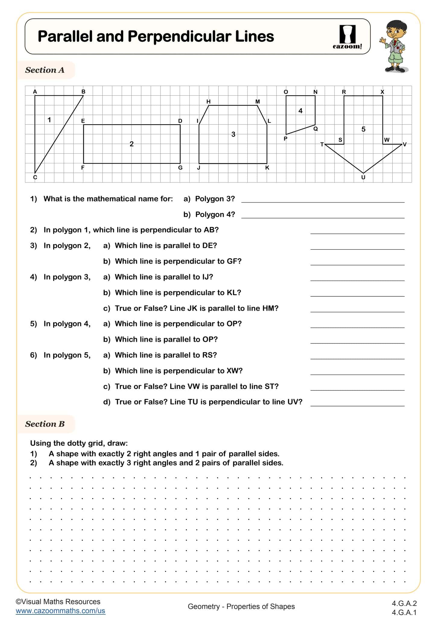 Cazoom Math Properties Of Shapes Parallel And Perpendicular Lines Worksheet