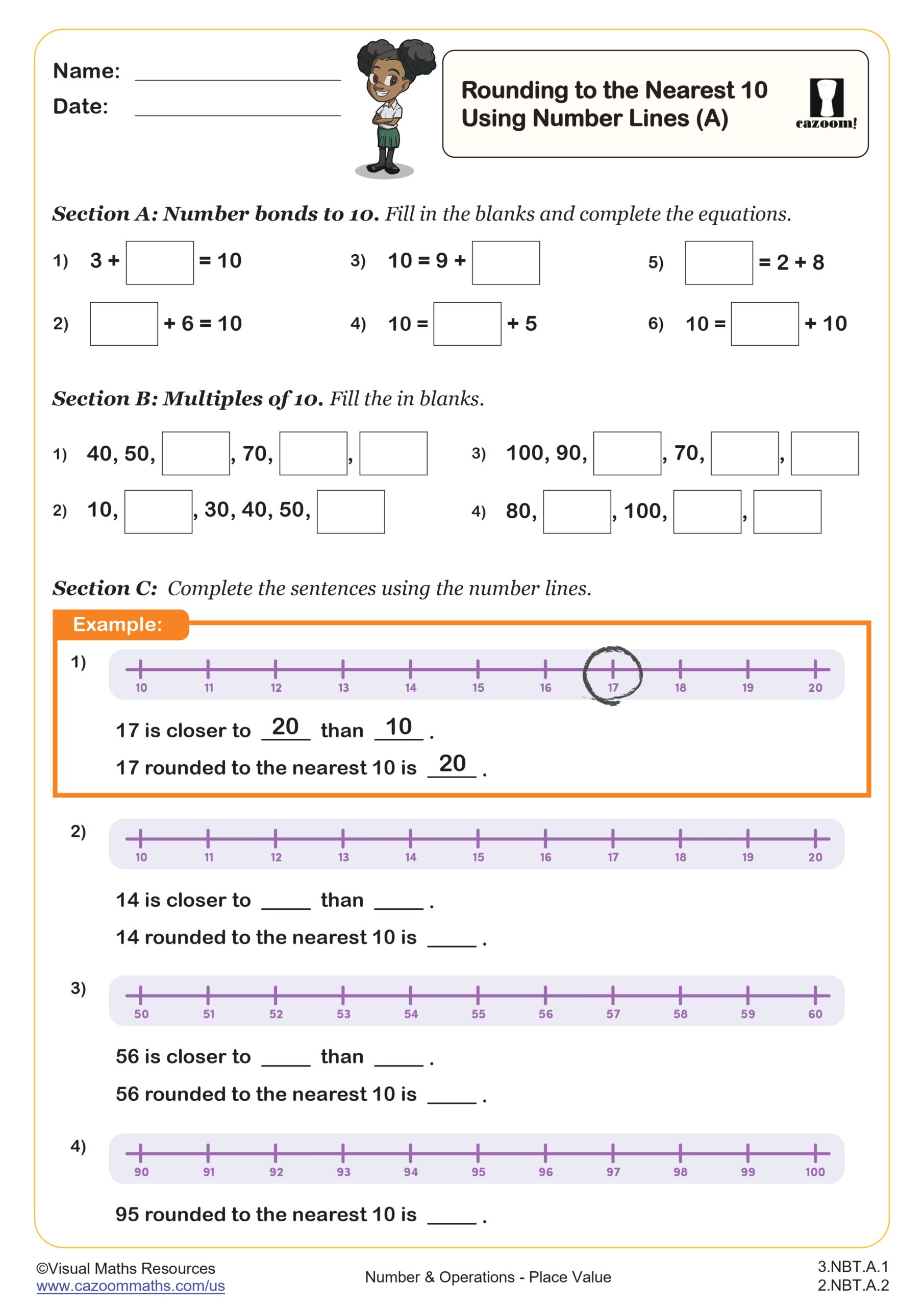 Rounding Numbers to the Nearest 10 Using Number Lines (A) | 3rd Grade ...